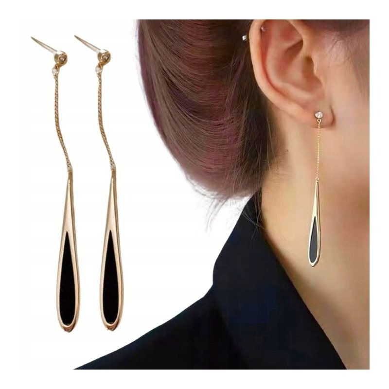 Golden Earrings Long Hanging Elegant With A Black Tear Drop: retailer-supplied image