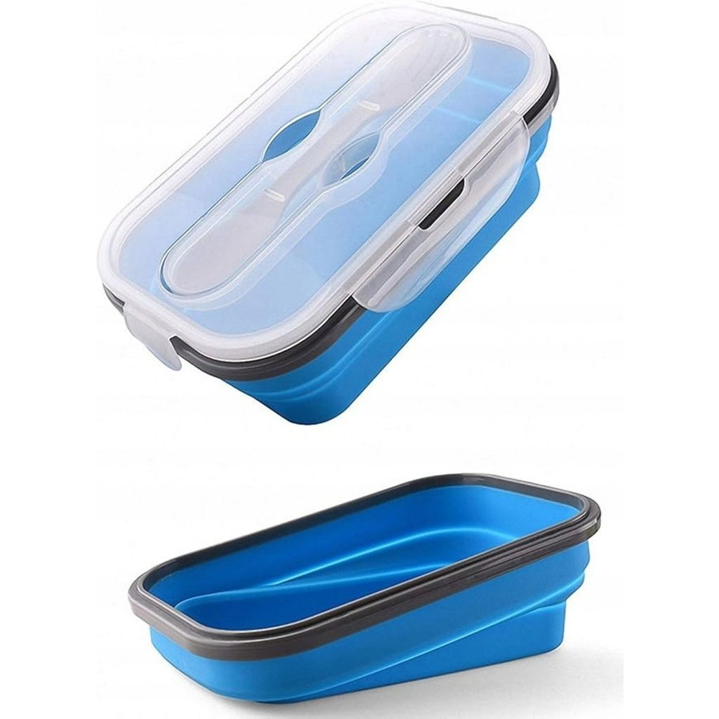 TEMU Contenitore pieghevole da da 800 ml in blu, realizzato in silicone alimentare sicuro. Dotato di a tenuta con quattro clip e un utensile 2 in 1.