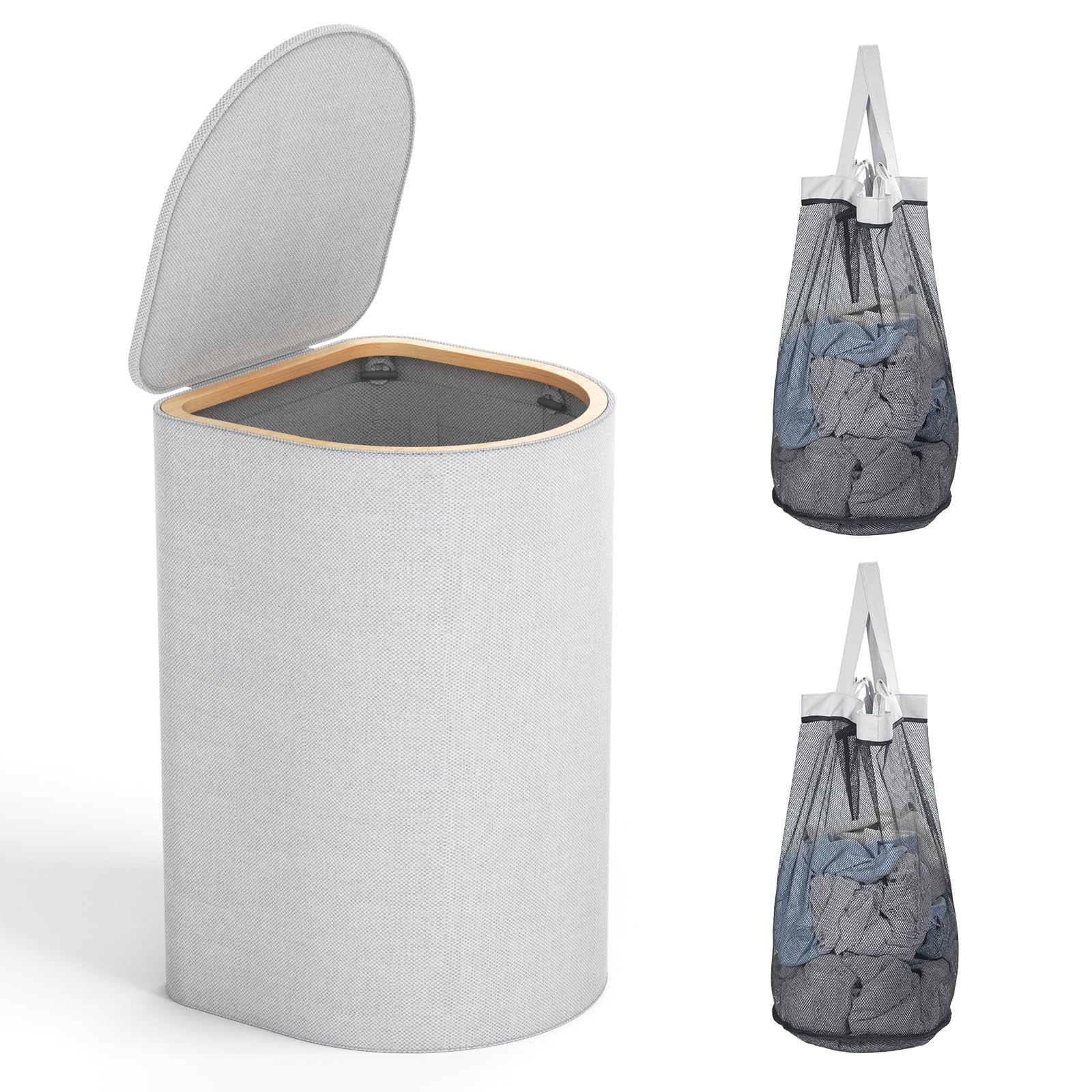 E-shop Wäschekorb mit Deckel – 70 Liter Wäschesammler, 2 herausnehmbare Wäschenetze, Dunkelgrau/Hellgrau，Laundry Baskets für Schlafzimmer Badezimmer