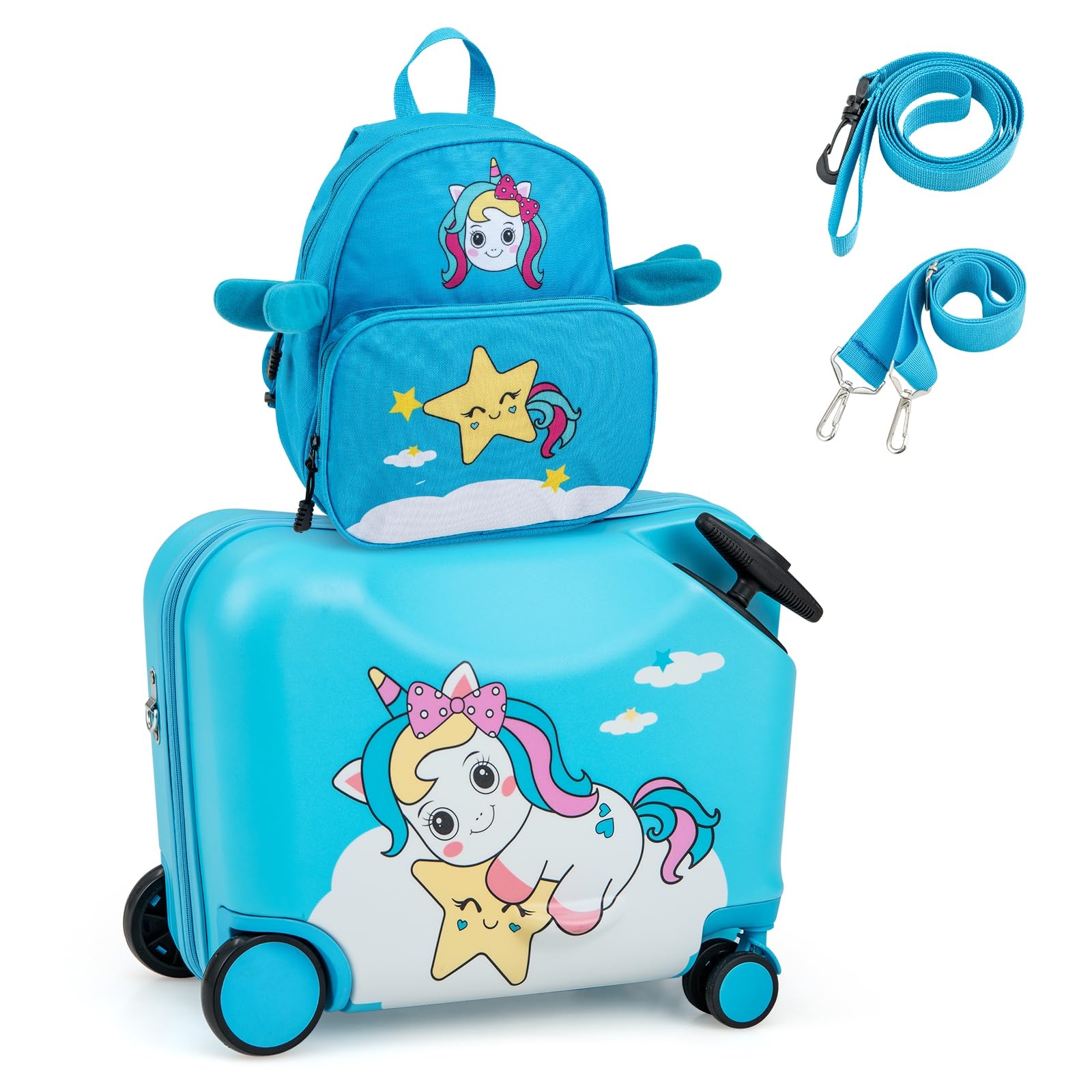 Image of 2-in-1 Children's Suitcase + Backpack, 12"+18" Children's Trolley With Wheels And Waterproof Hard Shell, Children's Luggage, Rolling Suitcase With Backpack For Boys And Girls (blue Unicorn)