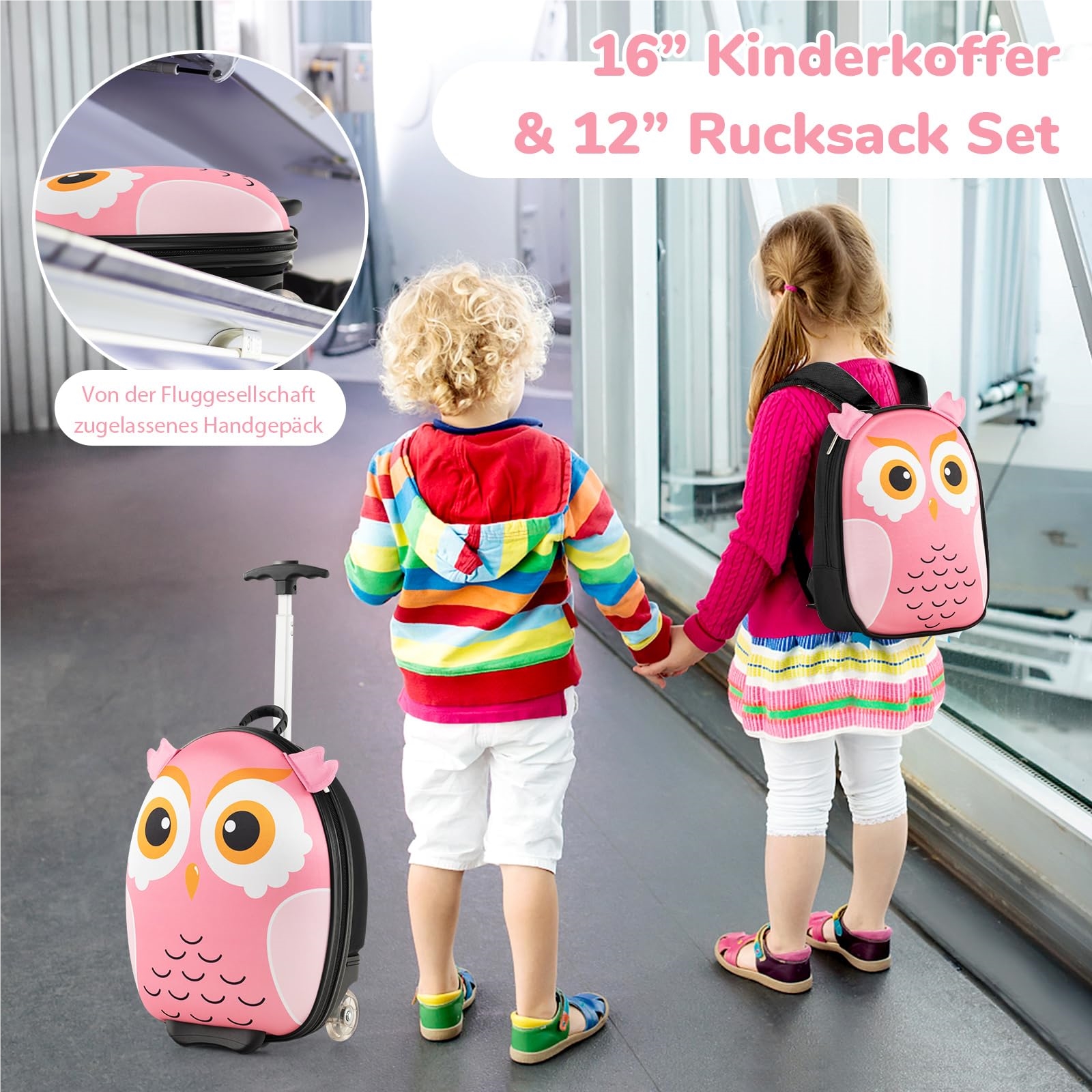 2 Tlg Children's Trolley Case With Backpack, 12"+ 16" Children's With Wheels & 3-stage Telescopic Handle, Hardshell Hand Luggage For ( Owl )
