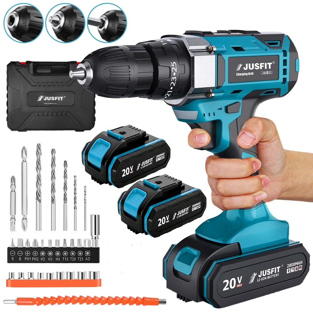 29pcs cordless hammer drill set diy tool cordless   8 clamp free drill set drill driver with 2 batteries and 1 storage box electric screwdriver set 25 3 actuator 3 in 1 function variable speed led light hammer drill for drilling and screw drive for fathers day husband
