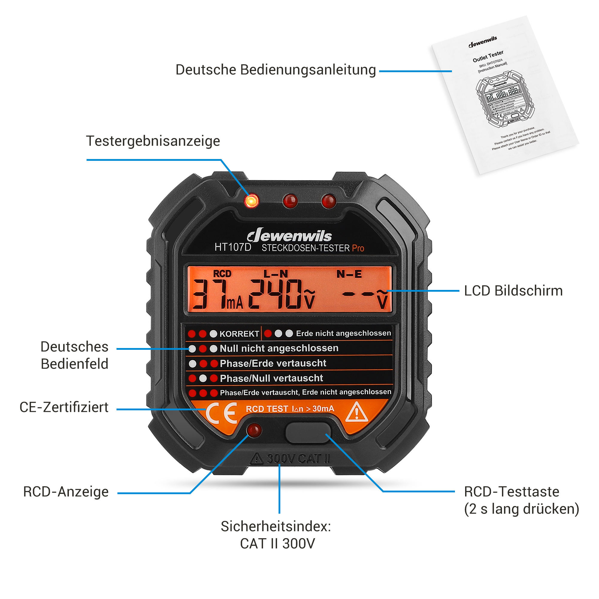 Dewenwils Socket Tester With Rcd Test & Lcd Display, Fi Test, 6 Fault Diagnoses For 230v