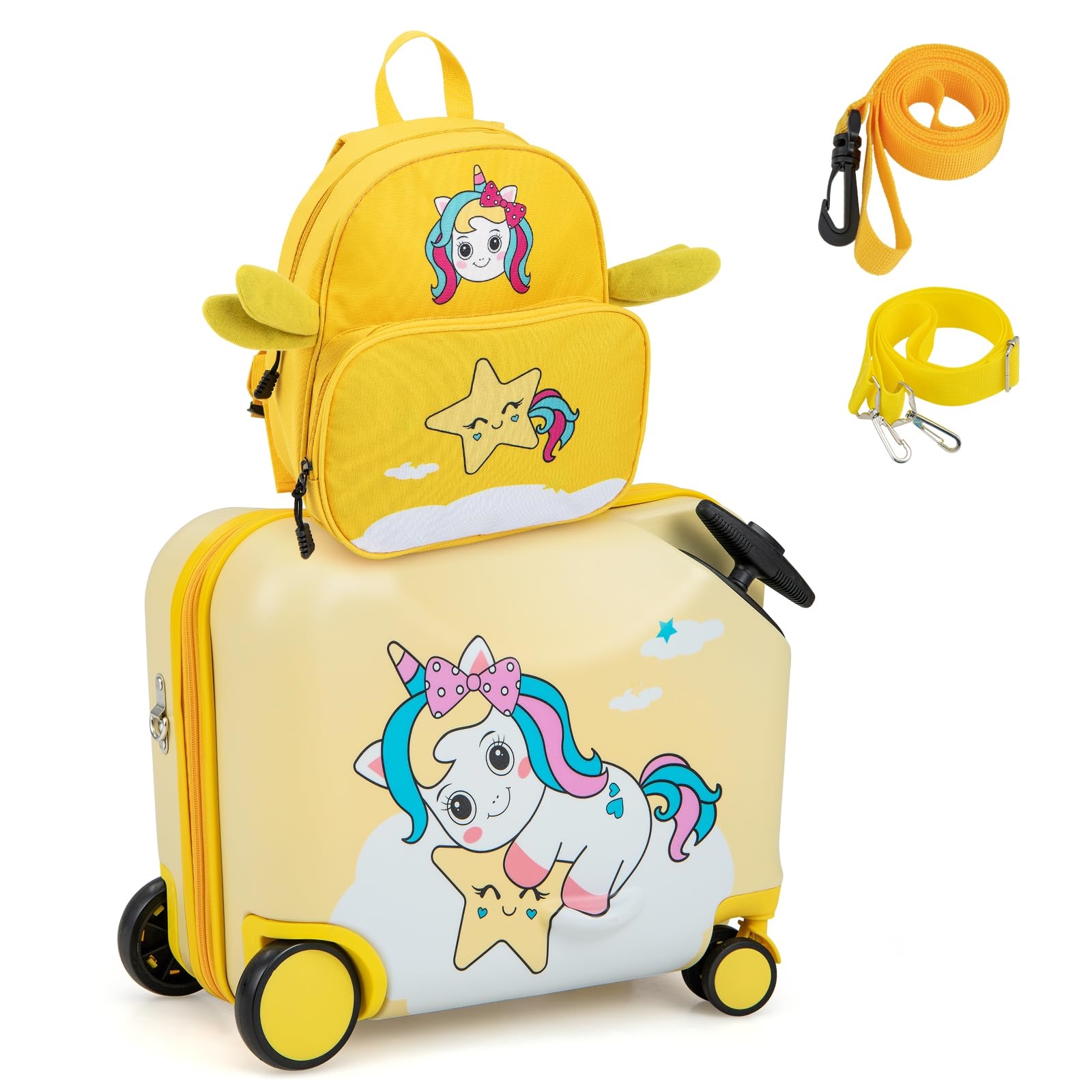 Image of 2-in-1 Children's Suitcase + Backpack, 12"+18" Children's Trolley With Wheels And Waterproof Hard Shell, Children's Luggage, Rolling Suitcase With Backpack For Boys And Girls (yellow Unicorn)