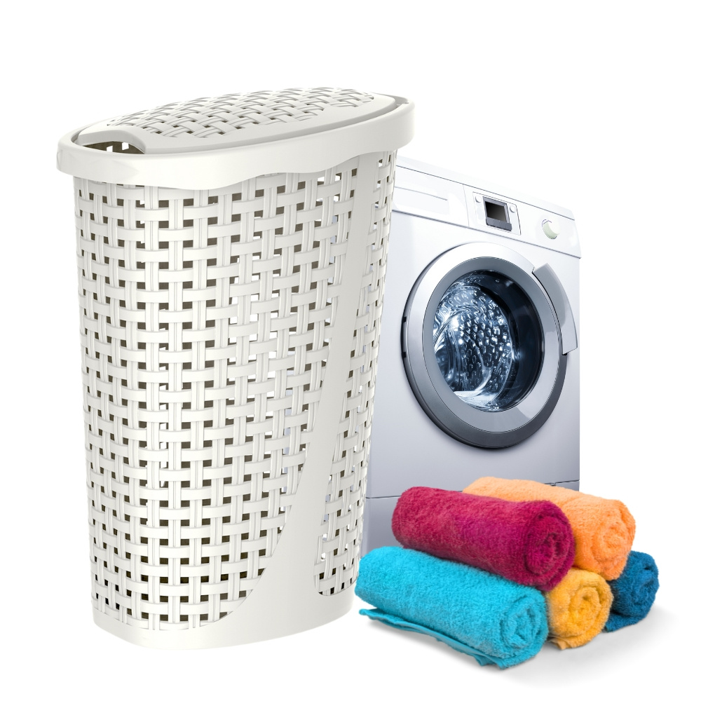 Image of Laundry Basket With Lid, Rattan Laundry Collector, Plastic Laundry Bin, Large Laundry Chest, White Woven With Lid, Laundry Storage 43 L