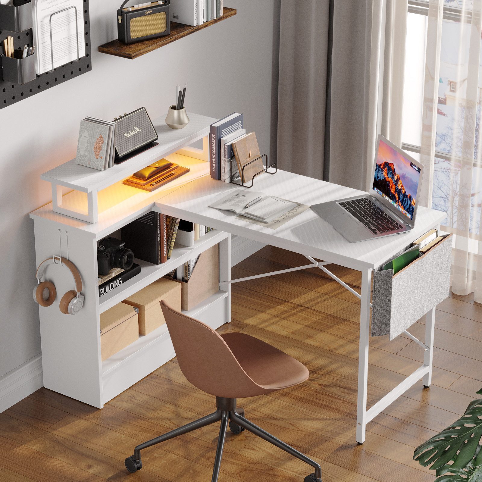 Modern L-shaped White Game Table From Bestier, 107 Cm Long, With Storage Cabinets And Fabric Pockets For More Storage Space.