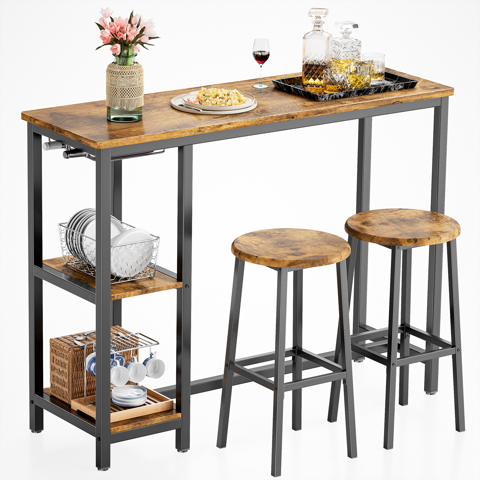 Bar Stool Set Of 2 With Table | 120 X 40 X 91.5 Cm | Metal | Black/retro Coree Tb31