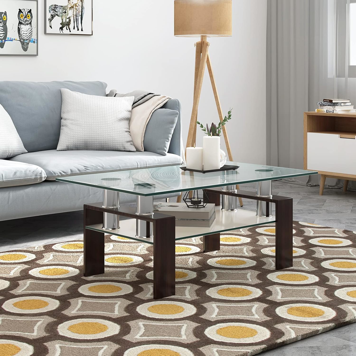Rectangular Center Table, 2 Level Auxiliary Table With Tempered Glass Board, Metal Legs