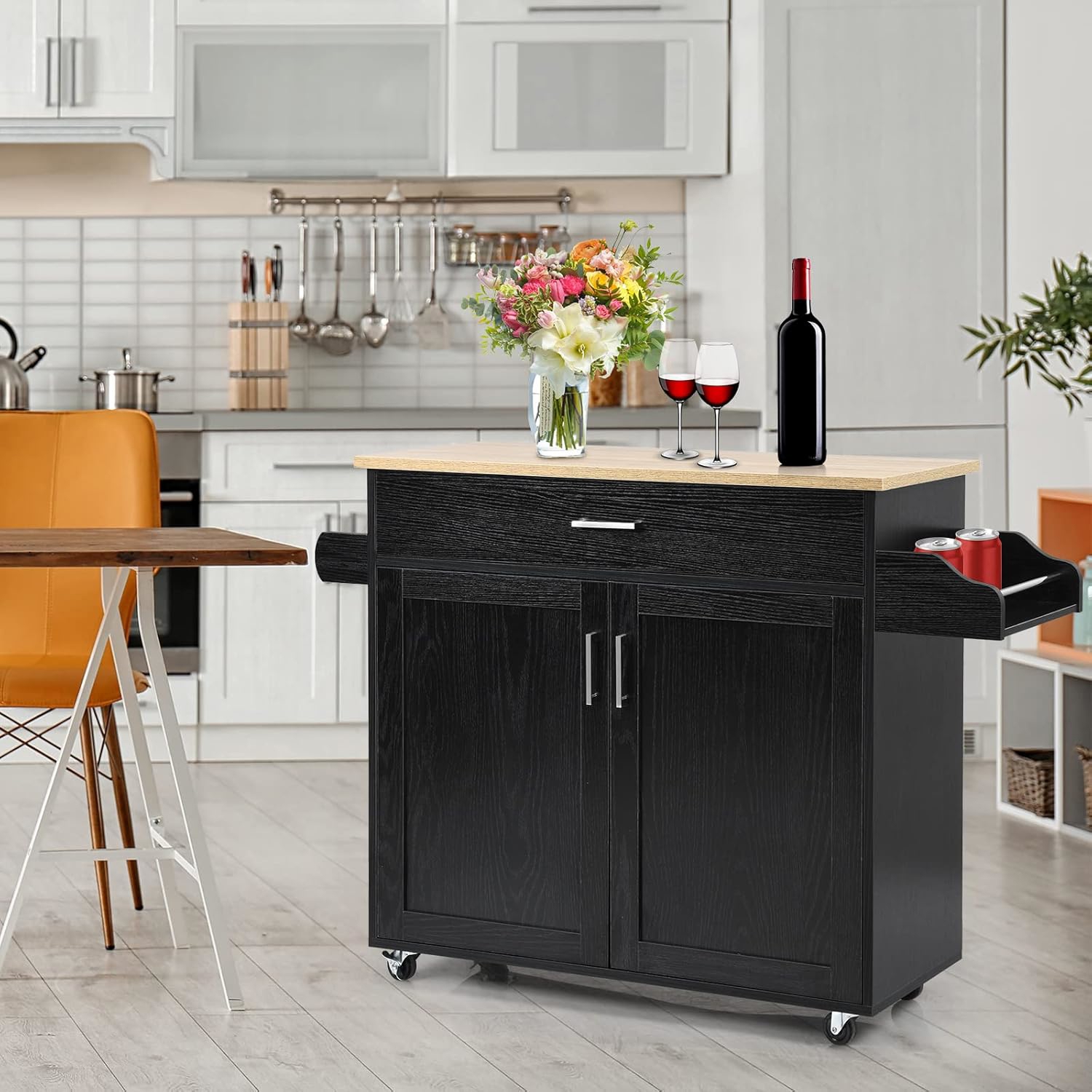 Kitchen Island On Wheels, Storage Cart Trolley With Adjustable Shelf, Drawer, Spice Rack, Towel Holder