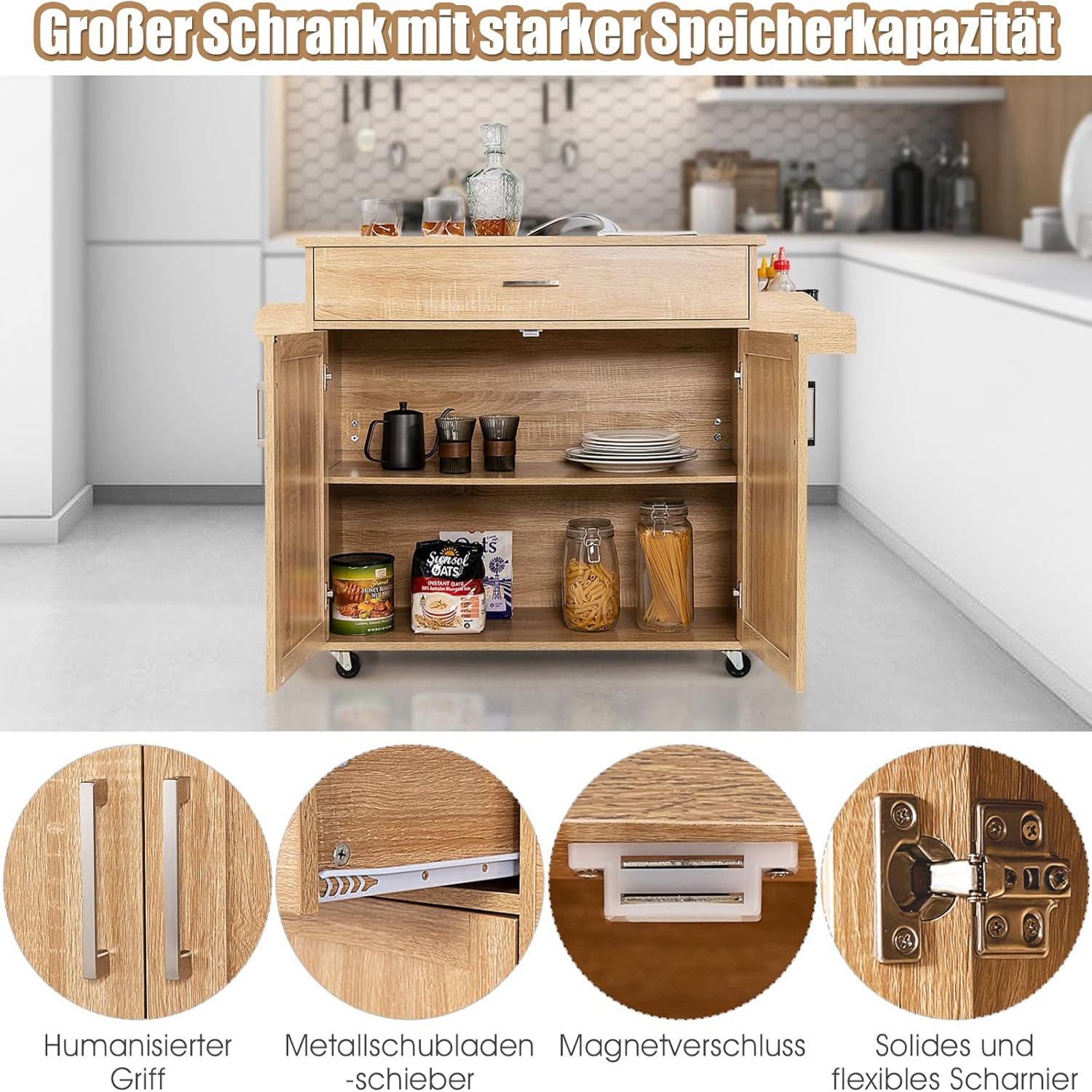Kitchen Island On Wheels, Storage Cart Trolley With Adjustable Shelf, Drawer, Spice Rack, Towel Holder