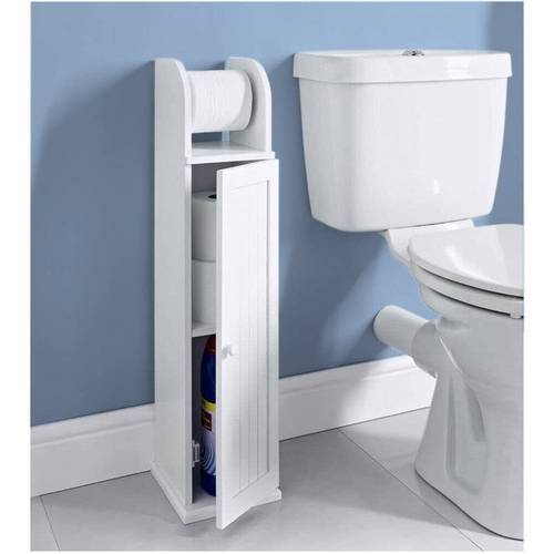 free standing white wooden toilet paper roll holder with shelf bathroom storage tissue organizer