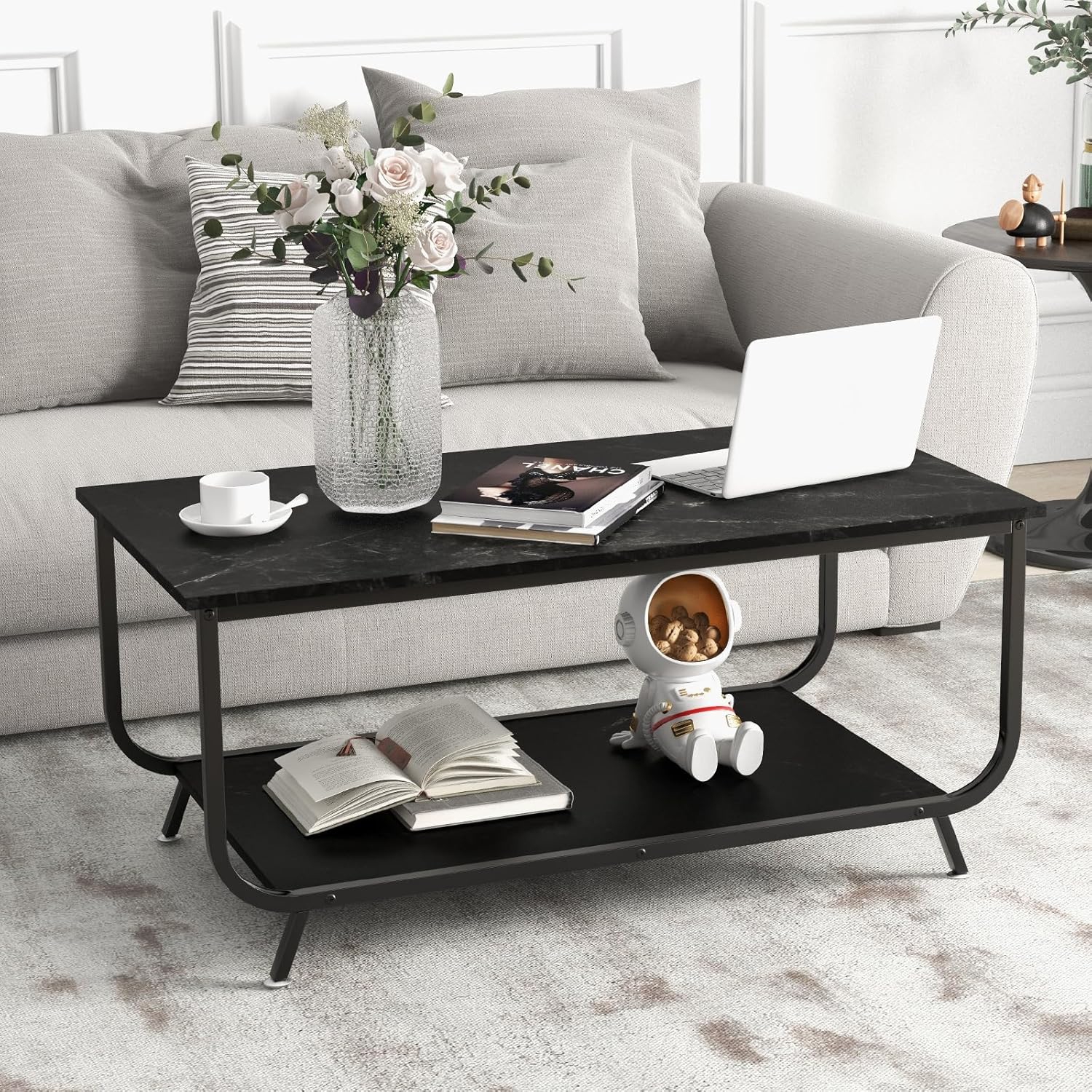 Coffee Table With Spacious Top And Lower Storage Shelf, Adjustable Foot Cushions