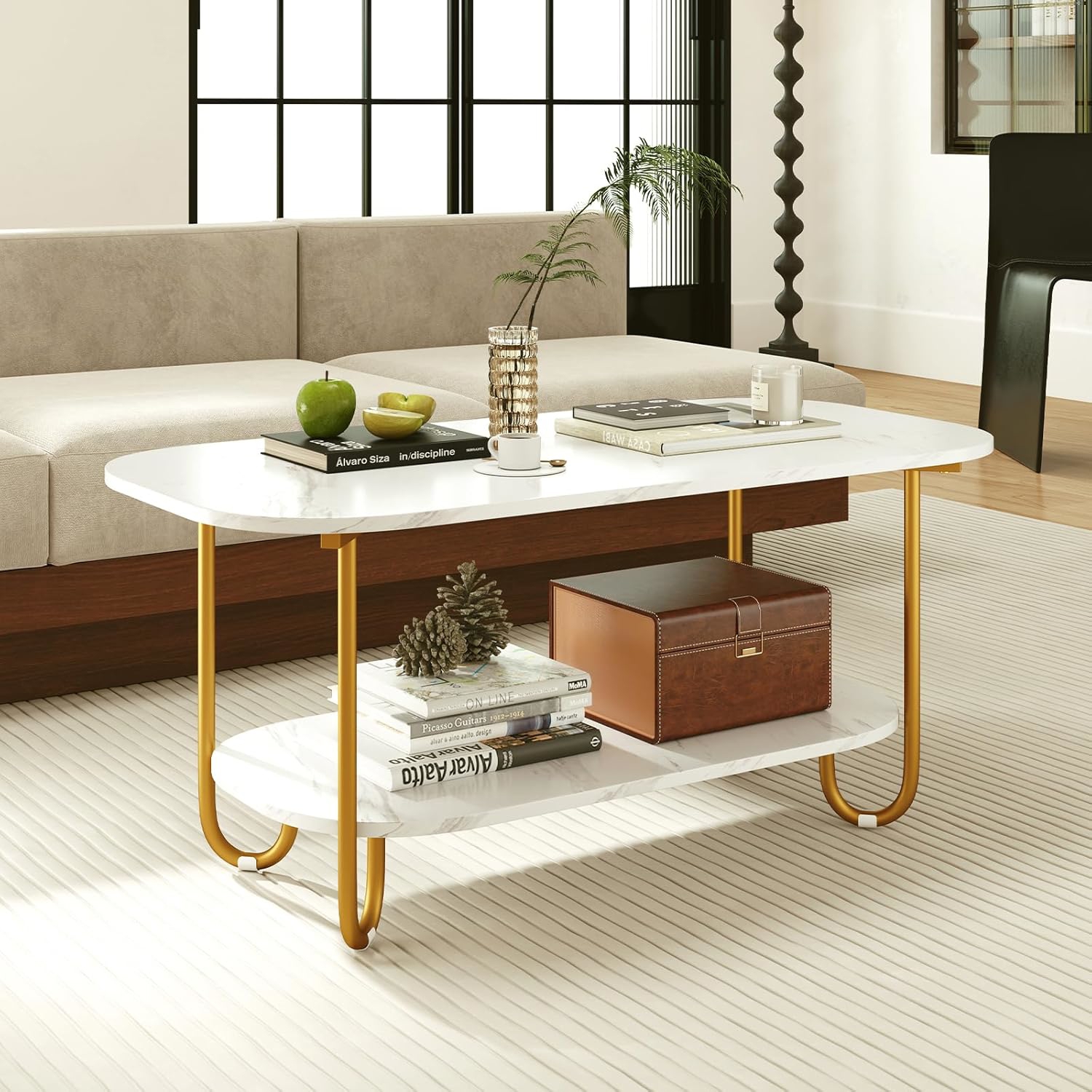 2-tier Coffee Table, Modern Center Table With Marble-look Tabletop