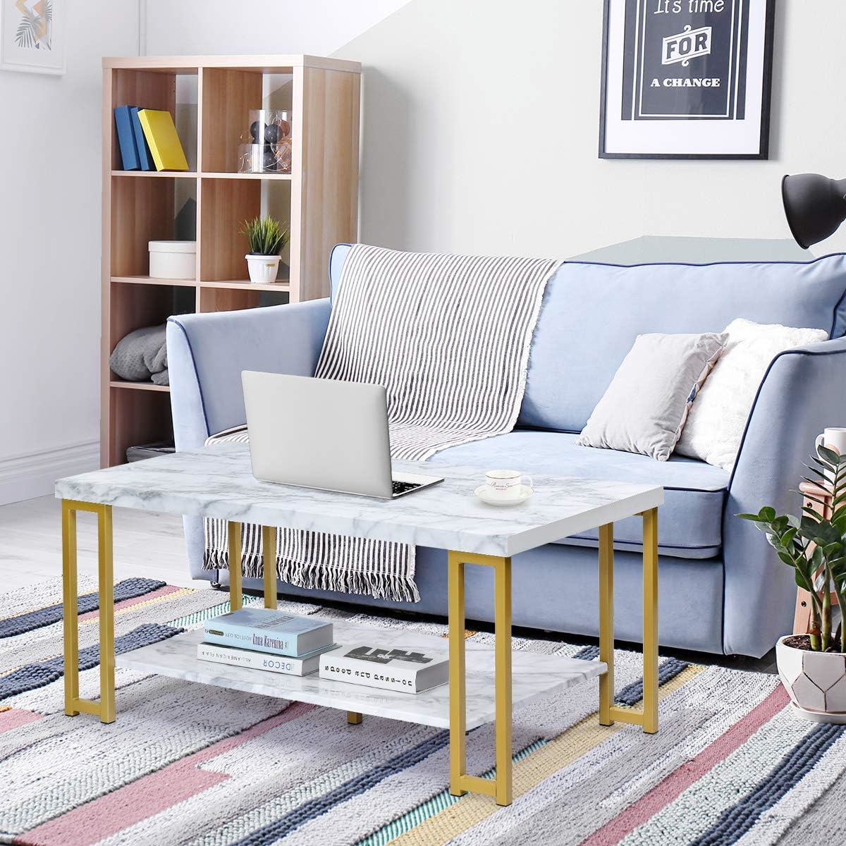 Rectangular Coffee Table, 2-storey Marble Printed Table With Metal Frame And Hollow Feet