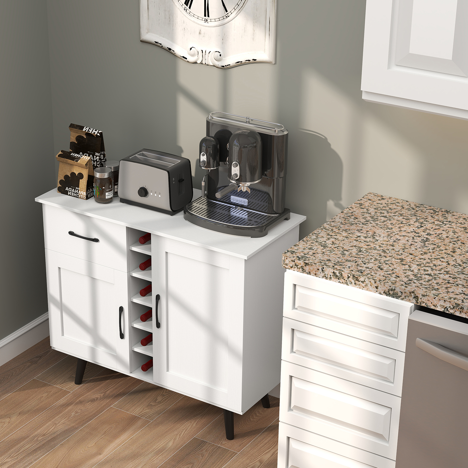 Wine Bar Cabinet, Buffet Sideboard With 2 Doors And 1 Drawer, 6-bottle Wine Rack, Adjustable Shelves