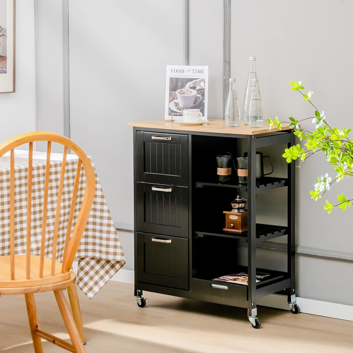 Kitchen Island Cart, Mobile Kitchen Storage Island With 3 Large Drawers, 2 Open Shelves, Rubber Wood Top