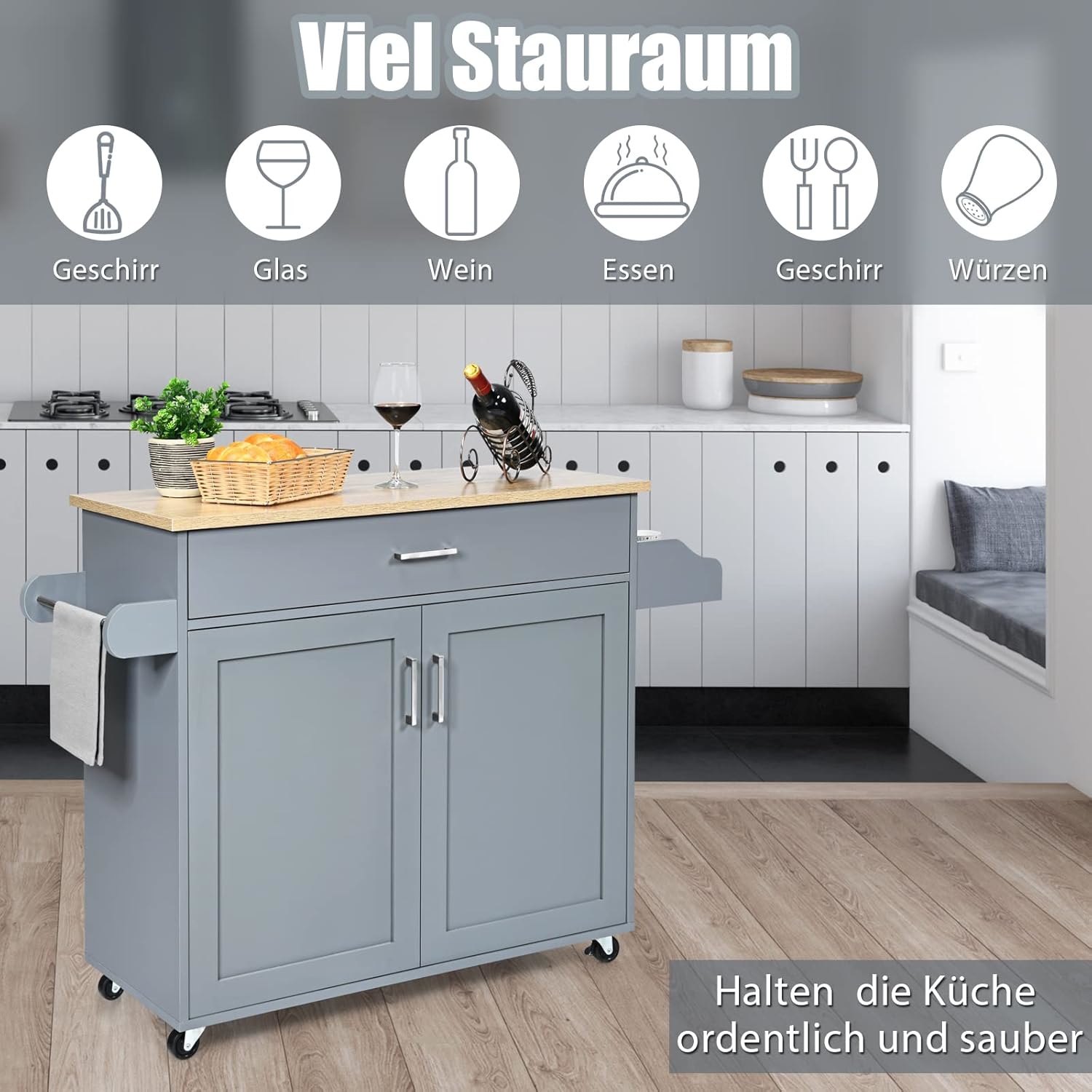 Kitchen Island On Wheels, Storage Cart Trolley With Adjustable Shelf, Drawer, Spice Rack, Towel Holder