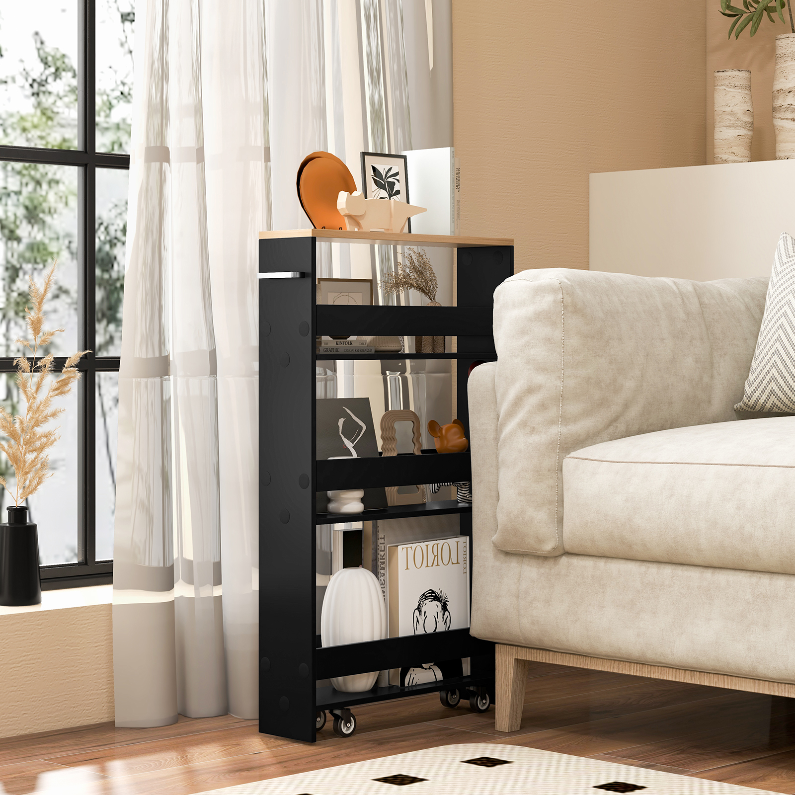 Slim Storage Cart With Wheels, 4 Tier Narrow Kitchen Utility Cart With Shelves And Handle