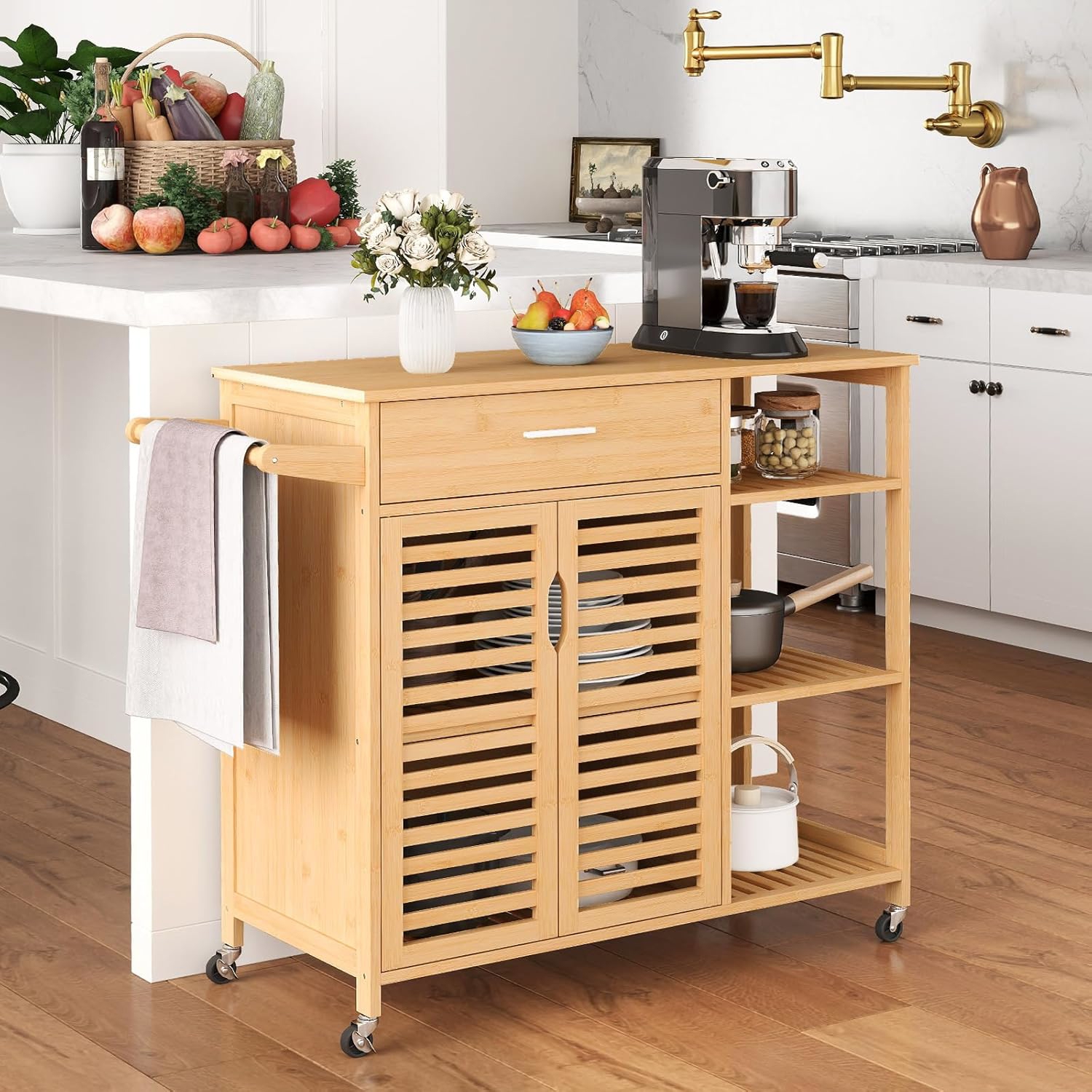 Image of Kitchen Island Cart On Wheels, Portable Storage Cabinet Withsturdy Bamboo Frame, 3 Tier Open Shelf
