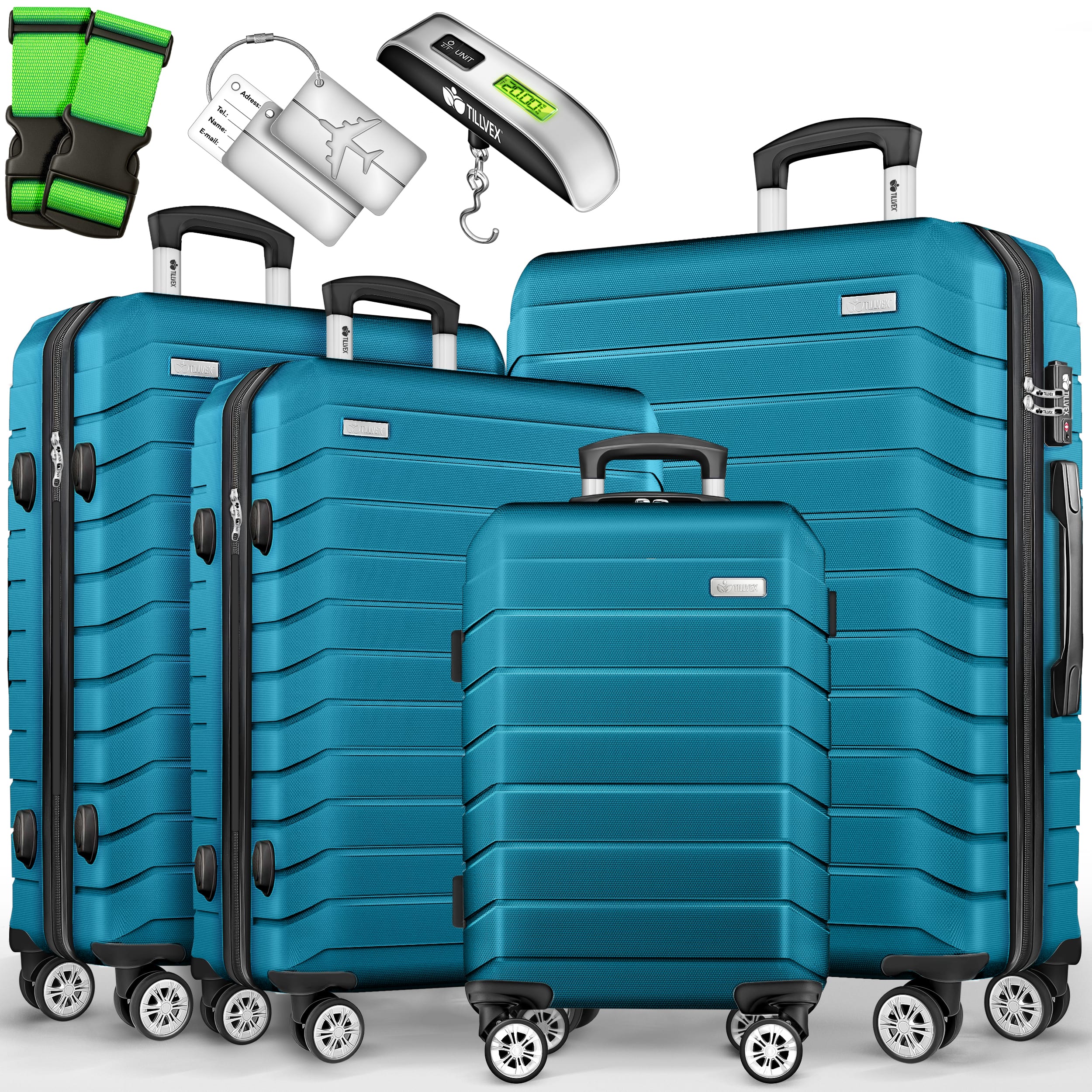 Image of Tillvex® Travel Suitcase Set + Luggage Scale, Suitcase Straps & Suitcase Trolley | 4-wheel Suitcase Set | Trolley Luggage Case | Hardshell Suitcase Set