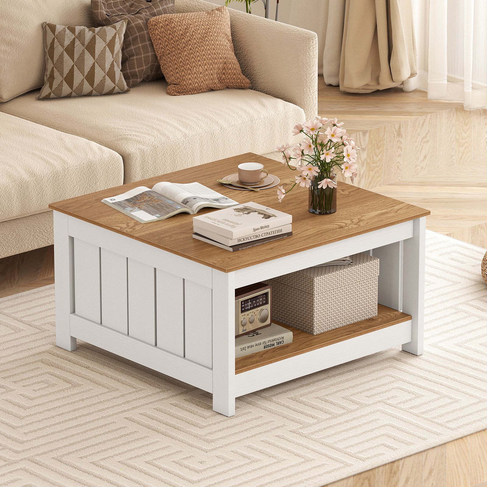 Image of Farmhouse Coffee Table, 2-tier Square Cocktail Table With Open Storage Compartment