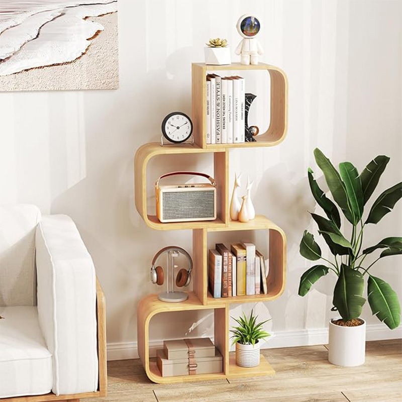 Bamboo Geometric Bookshelf, 4-tier Bookcase With Open Cubes And Anti-tipping Device