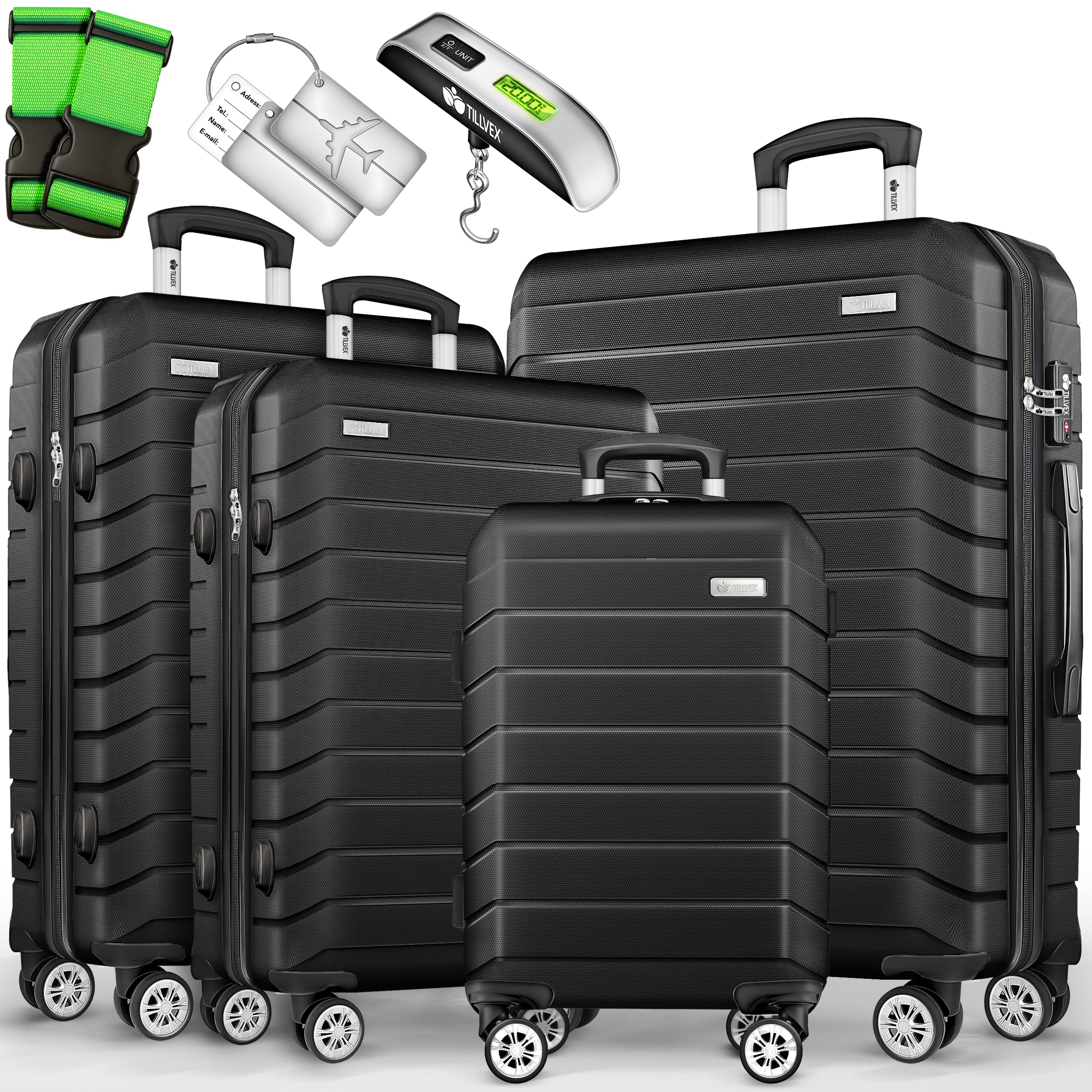 Tillvex® Reiskoffer Set + Bagage Weegschaal, Koffer Riemen & Koffer Trolley | 4-Wiel Koffer Set | Trolley Bagage TSA Slot | Koffer Set