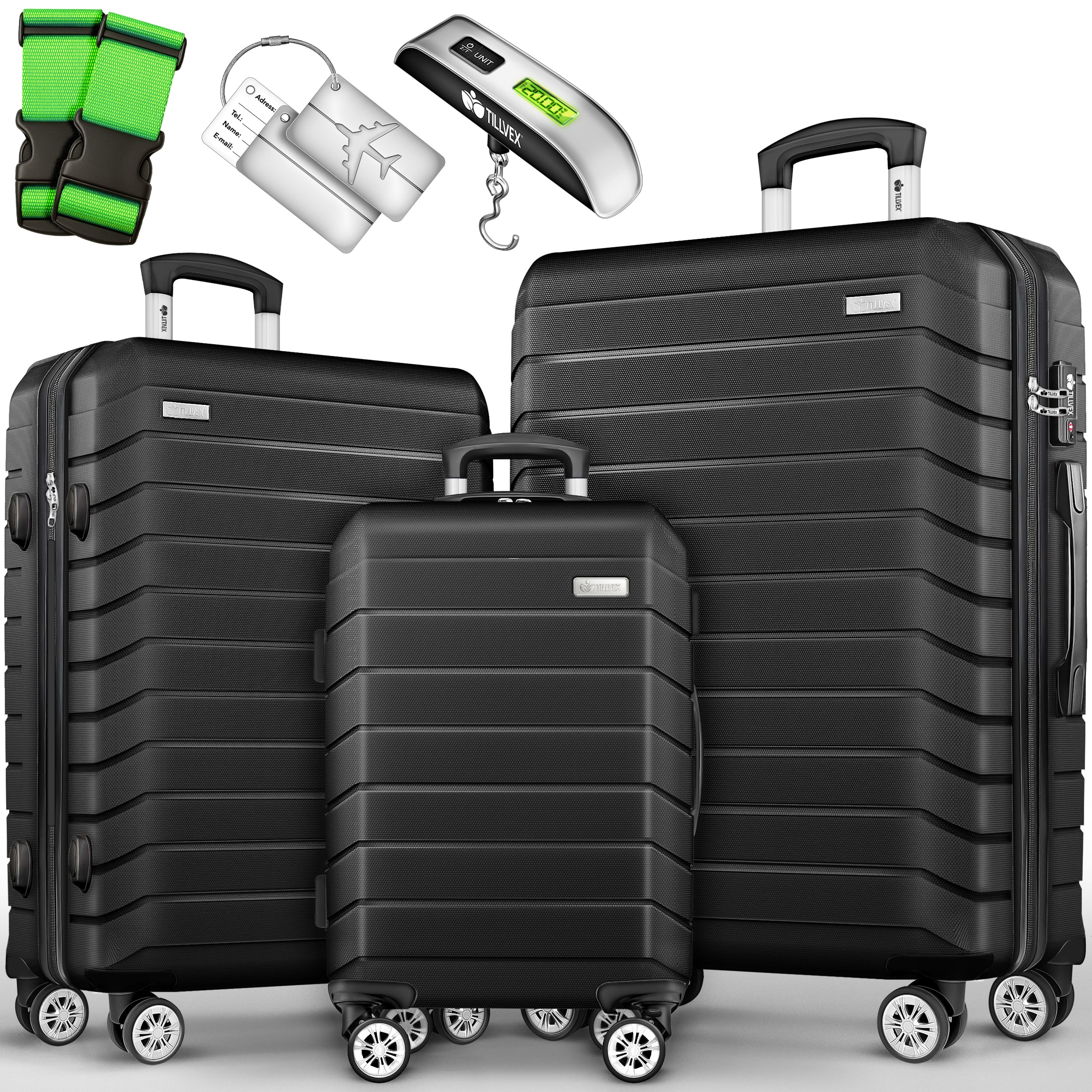 TEMU Tillvex® Travel Suitcase Set + Luggage Scale, Suitcase Straps & Suitcase Trolley | 4-wheel Suitcase Set | Trolley Luggage Case | Hardshell