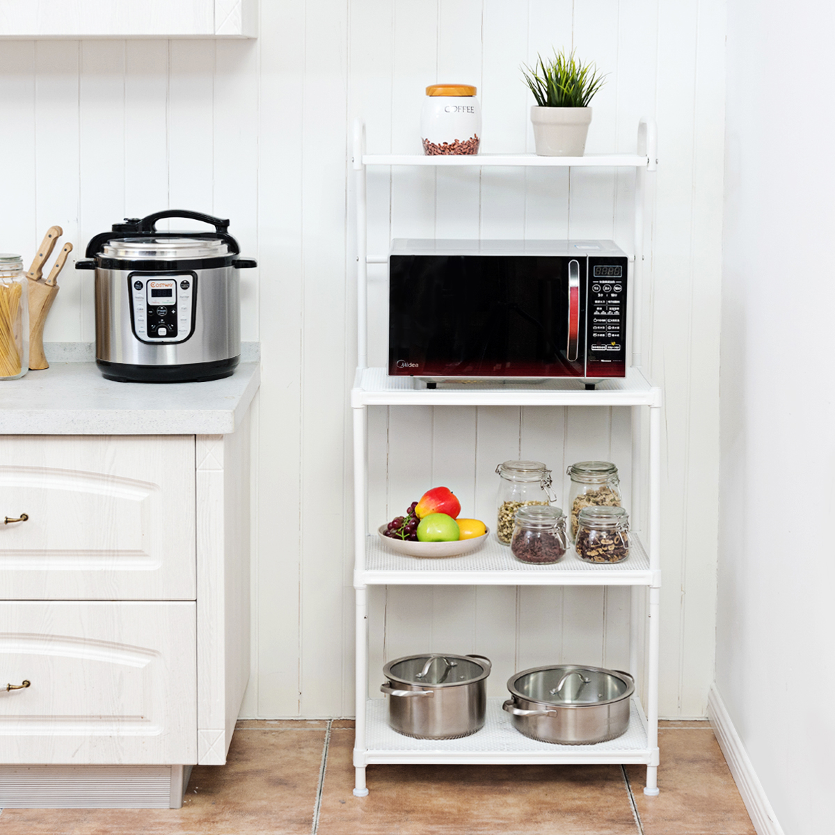 4 Tier Kitchen Baker's Rack, Microwave Oven Stand Cart With 1 Cabinet, Movable Storage Cabinet