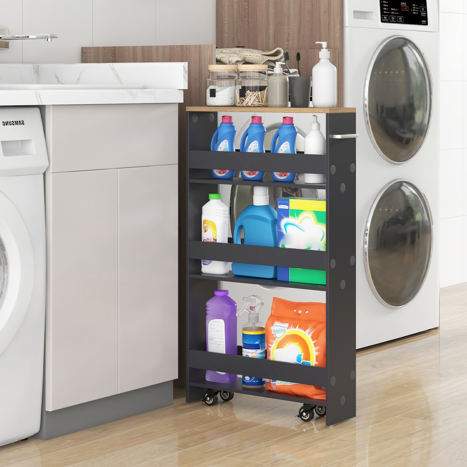 Narrow Storage Trolley, Narrow Mobile Kitchen Trolley With Open Shelves, Compact For Kitchen