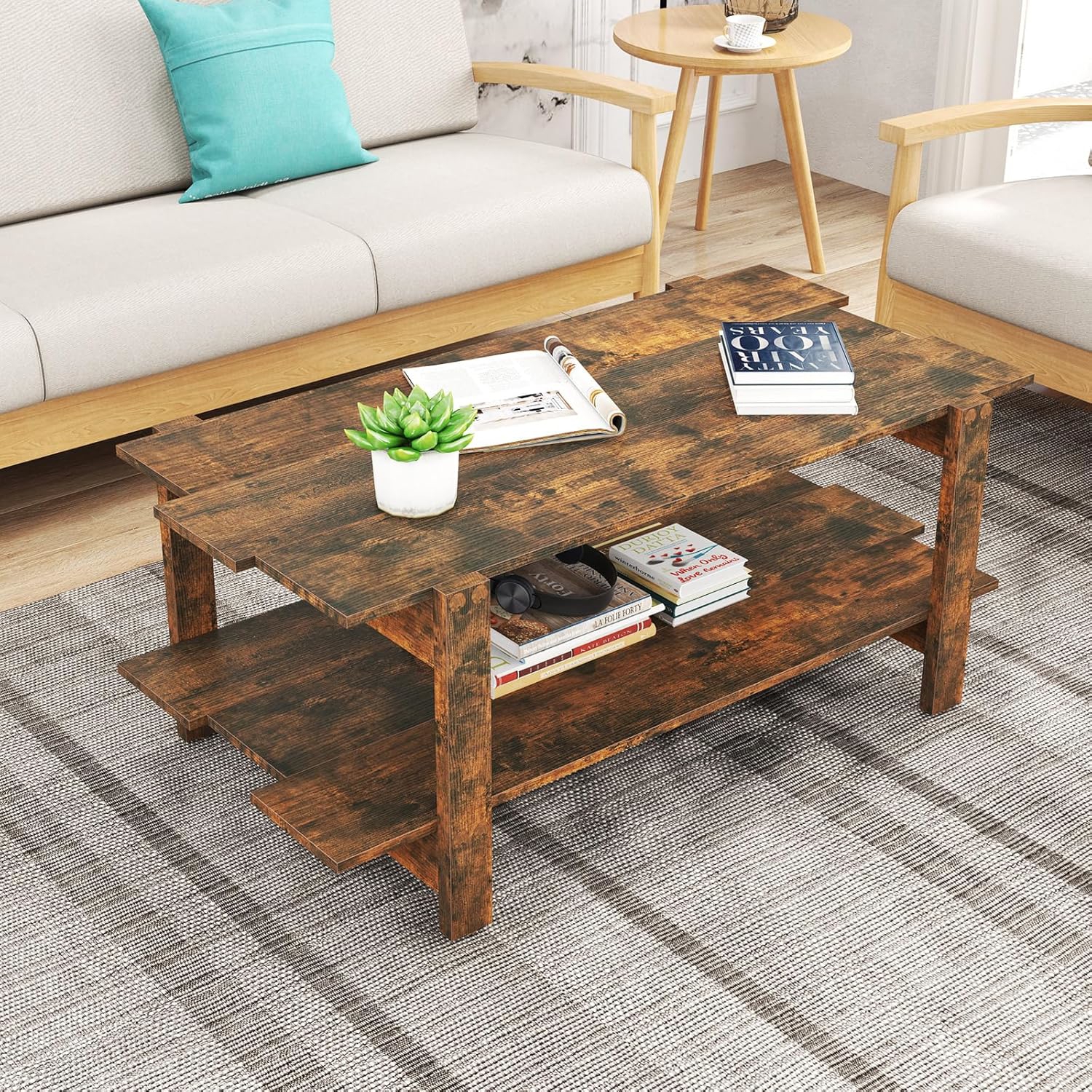 2-tier Coffee Table, Irregular Center Table With Open Storage Shelf