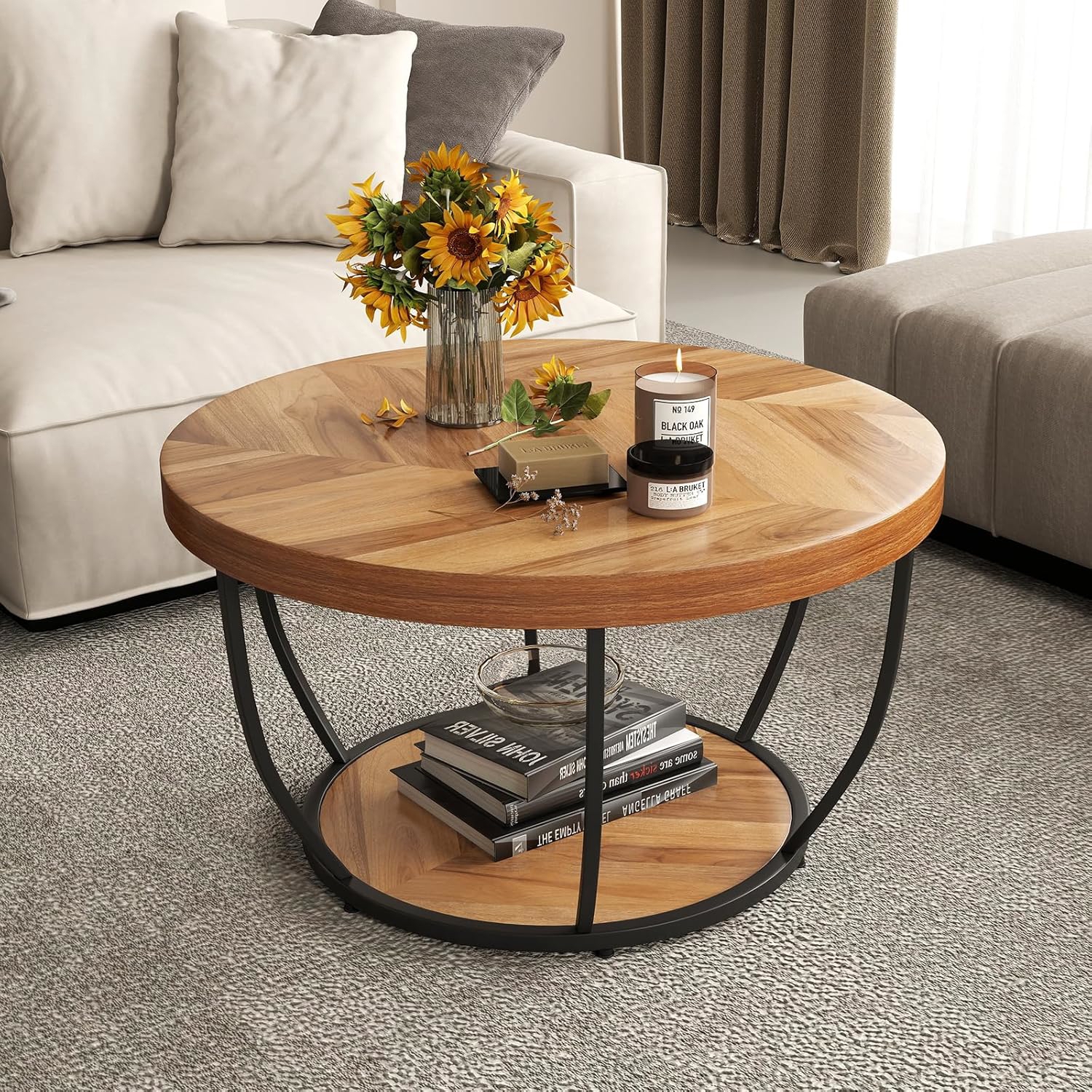 Level Coffee Table, Appointment Table With Wood Tray And Metal Frame