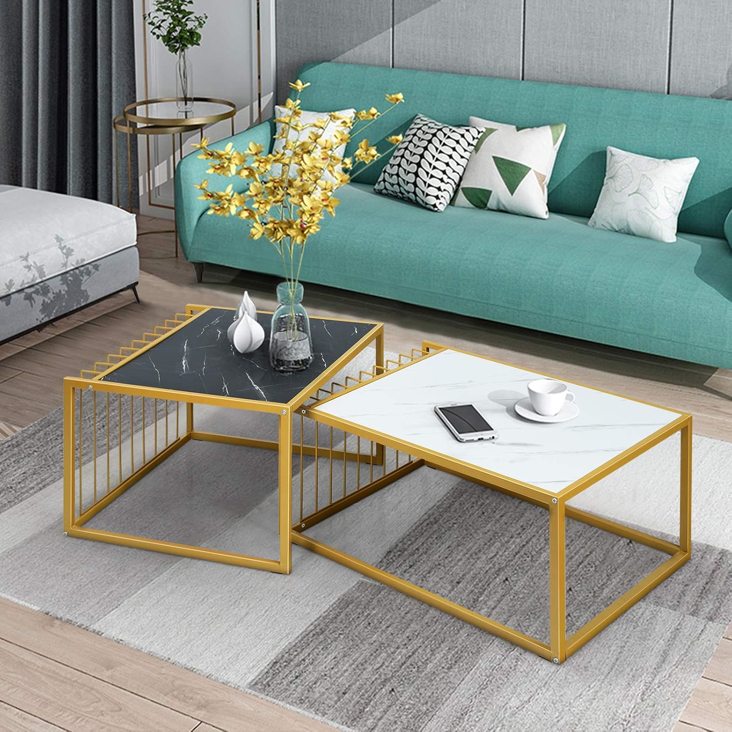 Modern Nesting Table, Stackable Side Coffee Table Set, Waterproof Marble Tabletop
