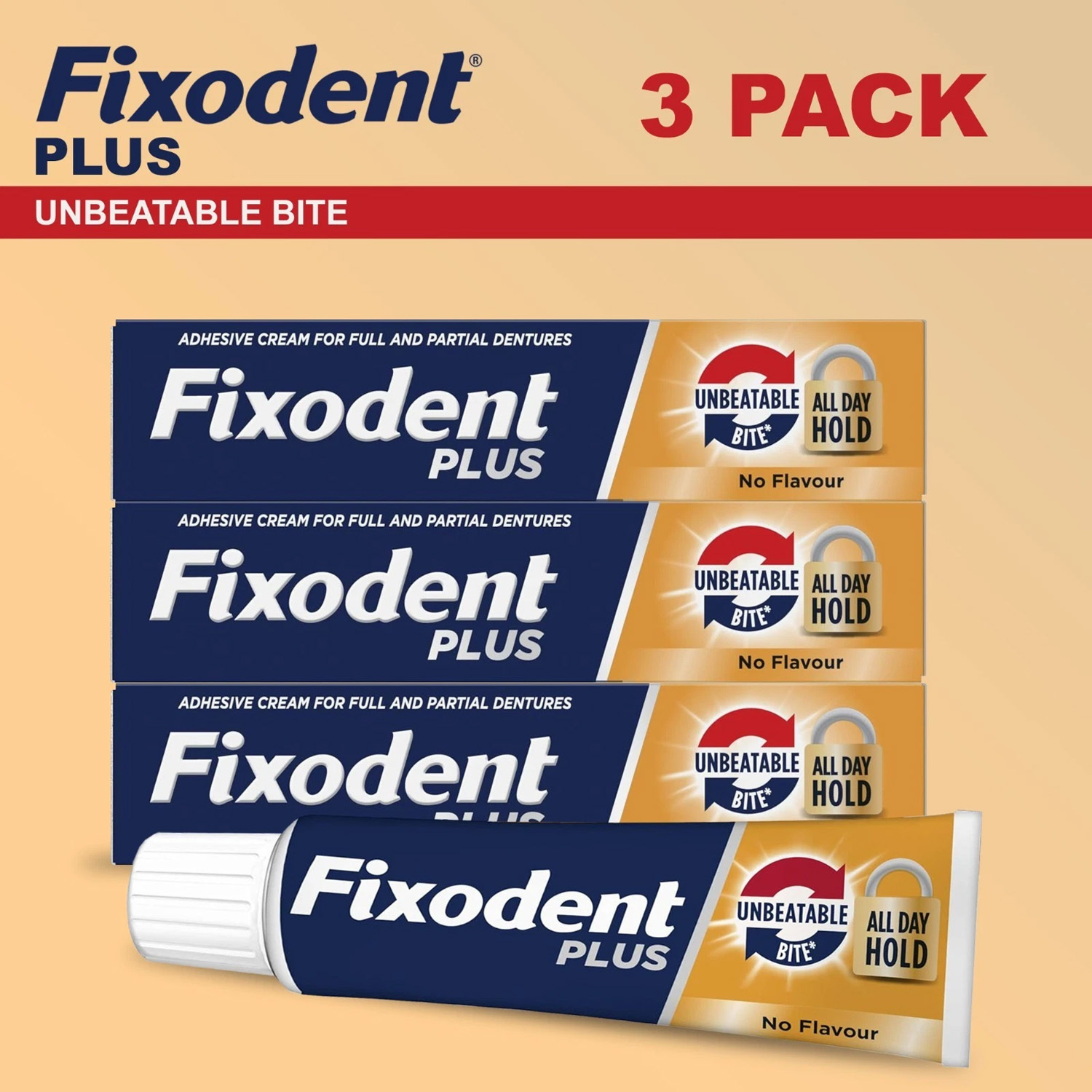 TEMU Fixodent Plus Bite Denture Adhesive Cream, Flavour-free, Hold Technology 40g Tube, Pack Of 3