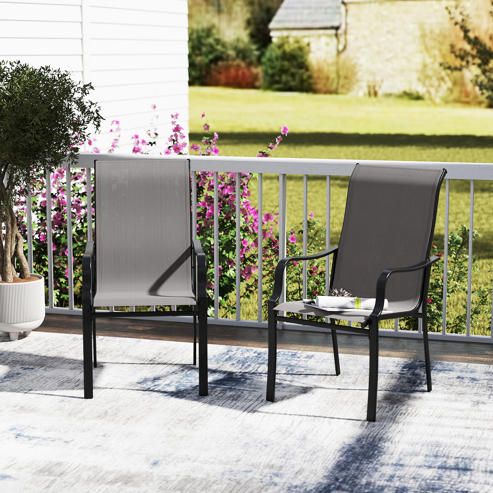 Patio Dining Chair Set Of 2, High Backrest Dining / Wide Seat, Heavy-duty Metal Frame, Mesh Fabric, Armrest, Outdoor Seating For Lawn Deck Garden Porch Kitchen Pool