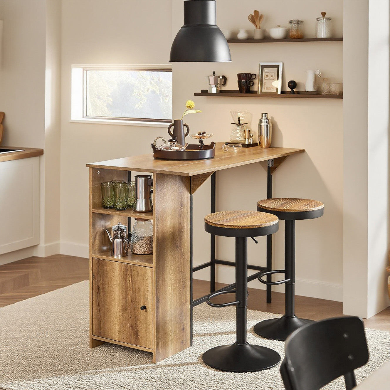Image of Standing Kitchen Counter Table, Bar Dining Table With Extendable Top, 1 Cabinet, 2 Shelves, Storage For Kitchen, Dining Room, Living Room, Cafe, Bar, , 120x95x45/63cm, Sobuy