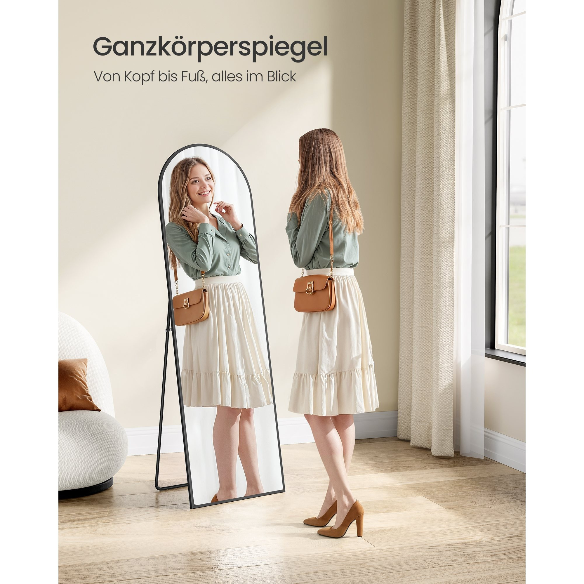 Image of Full-body Mirror, 150 X 40 Cm, Curved Floor Mirror, Aluminum Alloy Frame, Tempered Glass, For Bedroom, Living Room, Wardrobe, Tinted Black.