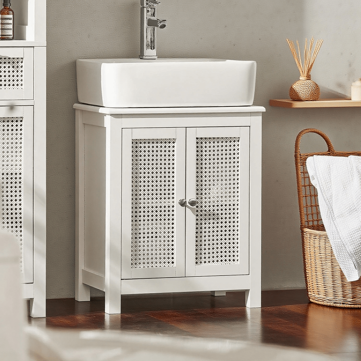 E-shop 1 Stück Badunterschrank mit 2 Türen und Ablage kleine mit Gitterpaneelen für Waschtisch oder Lavabo Weiß 50x60x33 cm - CAS46-X