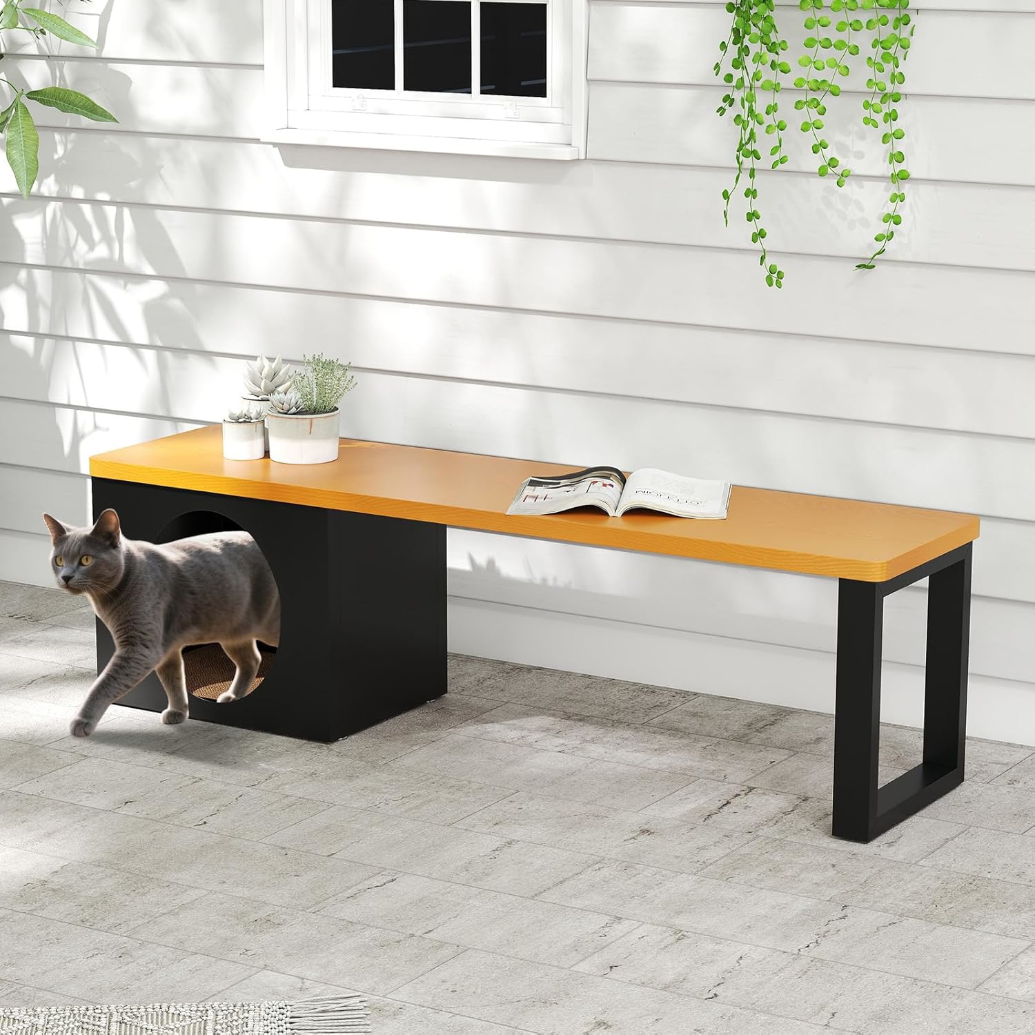 Image of 150 Cm Long Outdoor Metal Bench W/ Cat House, Scratching Pad, 3-person Seating, 450 Kg Loading Capacity, Heavy-duty Weatherproof Rustproof Backless Bench For Porch Garden Patio Entryway Park