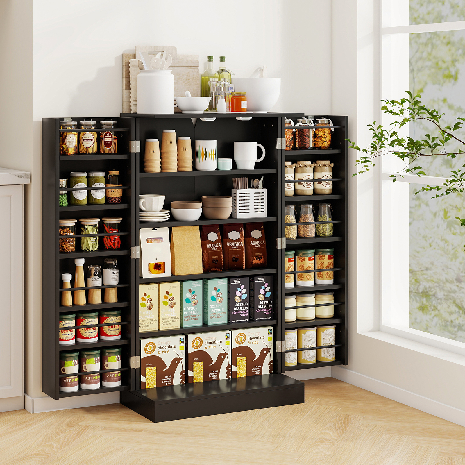 41" Tall Pantry Cabinet, Kitchen & Adjustable Shelves, Freestanding Buffet Cupboard Sideboard For Dining Room Living Room, Black