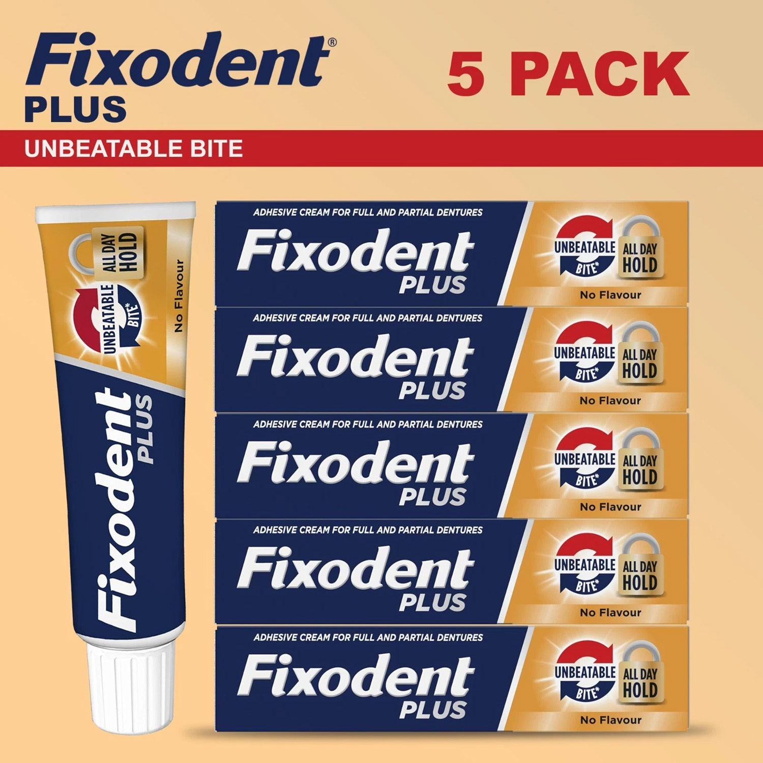 TEMU Fixodent Plus Bite Denture Adhesive Cream, Flavor-free, Strong Hold & Comfort For Full Or Partial Dentures – 40g Tube, Pack Of 5