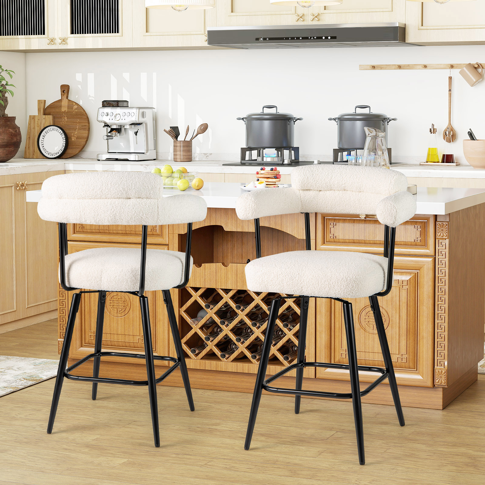 Image of Swivel Bar Stool Set Of 2, 27" Counter Height Chairs With Curved Back & , Modern Upholstered Boucle Chairs With Metal Legs & Footrest For Kitchen Island, Cafe, Pub, White