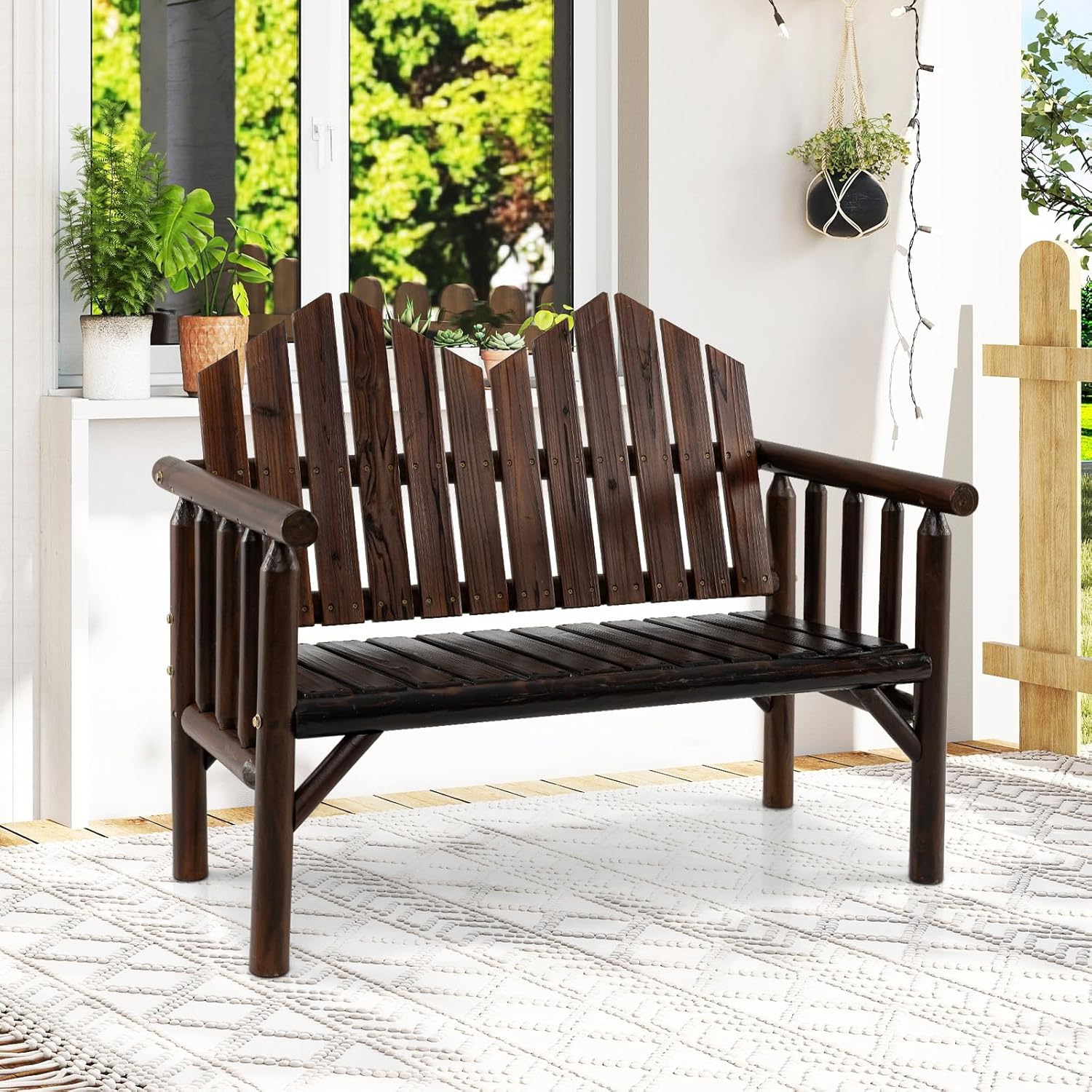 Image of 2-seater Patio Bench, Solid Wood Loveseat With Backrest, Spacious Slatted Seat & Supportive Armrests, 300 Kg Weight Capacity, Outdoor Bench For Front Porch, Garden, Yard, Park