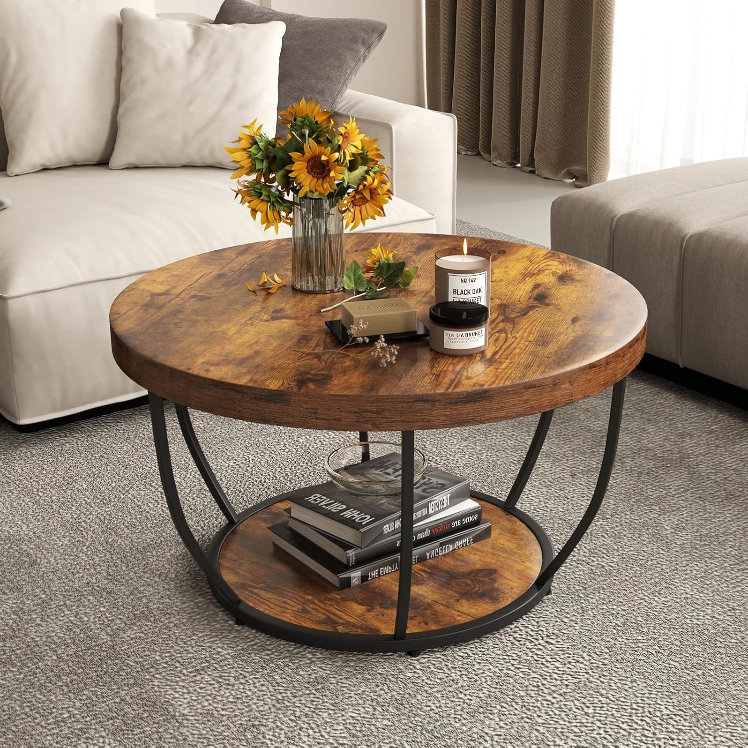 Image of 2-tier Round Coffee Table W/ Storage, " Heavy-duty Metal Frame Tea Cocktail Table, Home Accent Table W/ Wooden Top, Round Side Table For Living Room, Reception Room