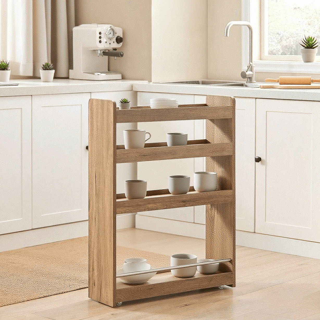 Image of Narrow Kitchen & Bathroom Rolling Cart With 4 Wheels, Serving Cart With Casters, Compact Storage Unit With Wheels For Kitchen, Bathroom, Cosmetics, Craft Supplies, 60x81x18.5 Cm, Nsr01-pf
