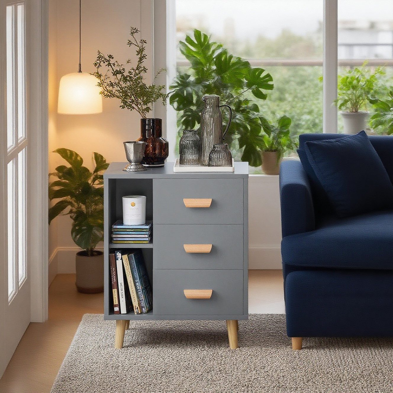 Nightstand, Nightstand With 3 Drawers And 2 Shelves, Modern Side Table, Storage Cabinet For The Bedroom, Table B48 X T40 X H60 Cm Grey Fbt95-hg