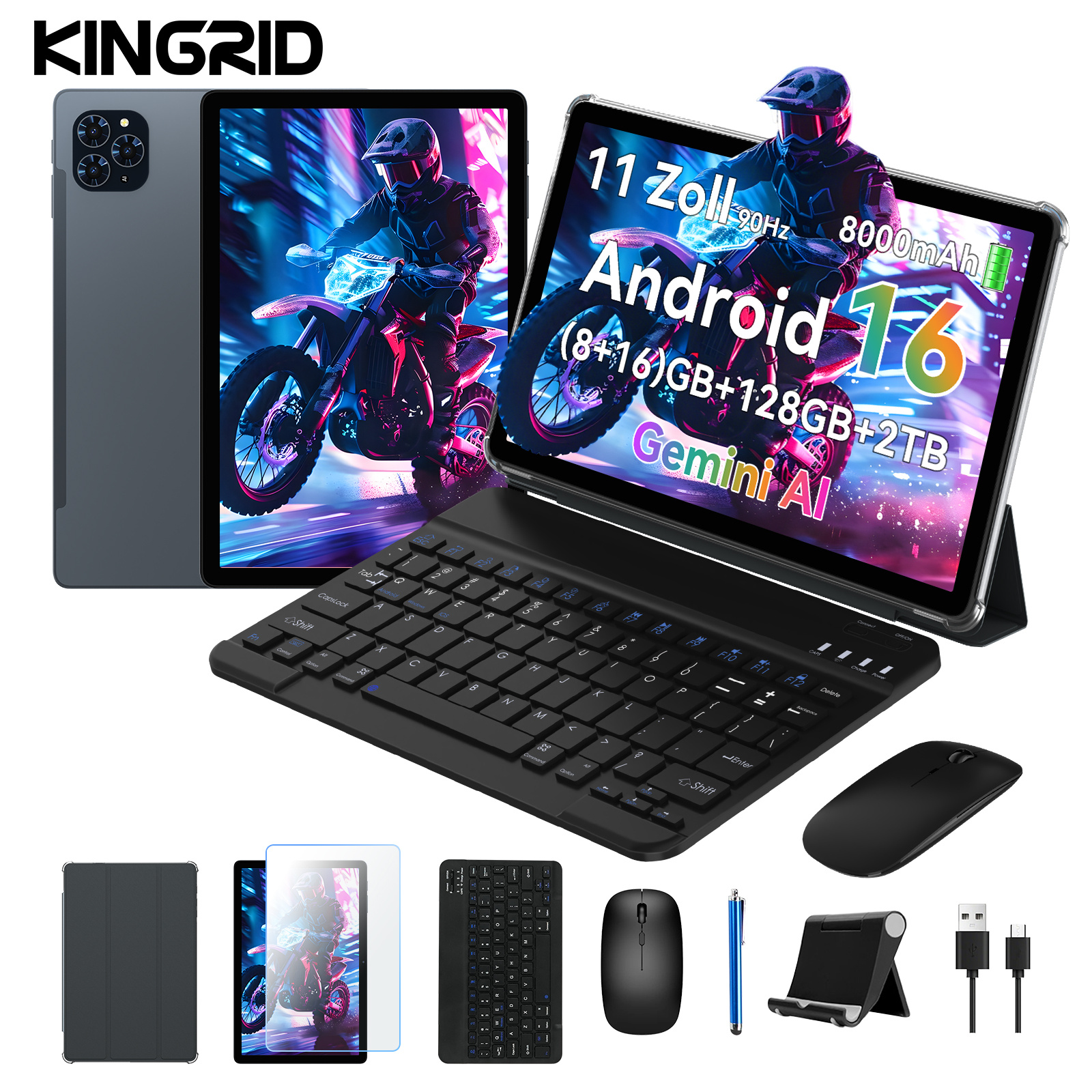 E-shop T90 11 Zoll 16 Tablet mit Tastatur, (8GB+16GB) RAM + 128GB ROM + 2TB Erweiterbar, 90Hz Display, 8000mAh, AI, WiFi Tablet für Arbeit & Studium