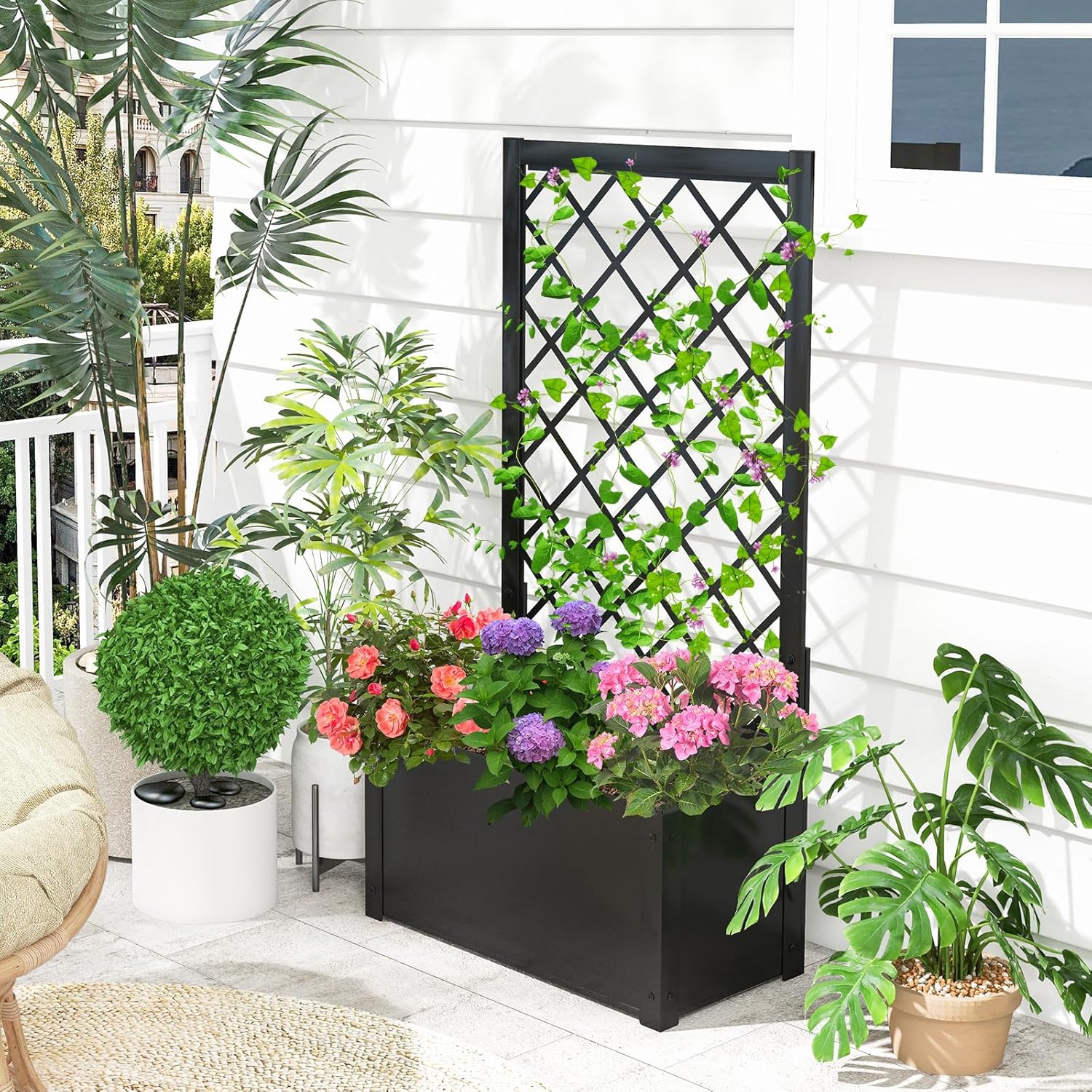 Image of Raised Garden Bed With Trellis, 112 Cm Metal Planter Box For Climbing Plants, Vegetables, Vines, Flowers, Indoor & Outdoor Freestanding Plant Container Bed For Patio, Backyard, Garden, Balcony