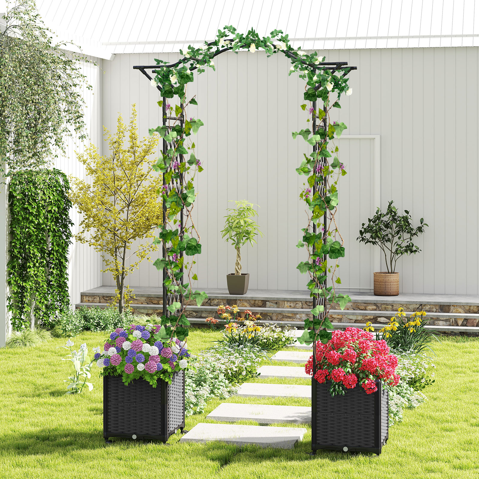 Image of 82"l "h Garden Arch Trellis W/ 2 Self-watering Planter Boxes, Wheels, Rustproof Pe-coated Metal Pergola , Grape Vine Rose Climbing Plant Support Frame, Large Outdoor Wedding Archway