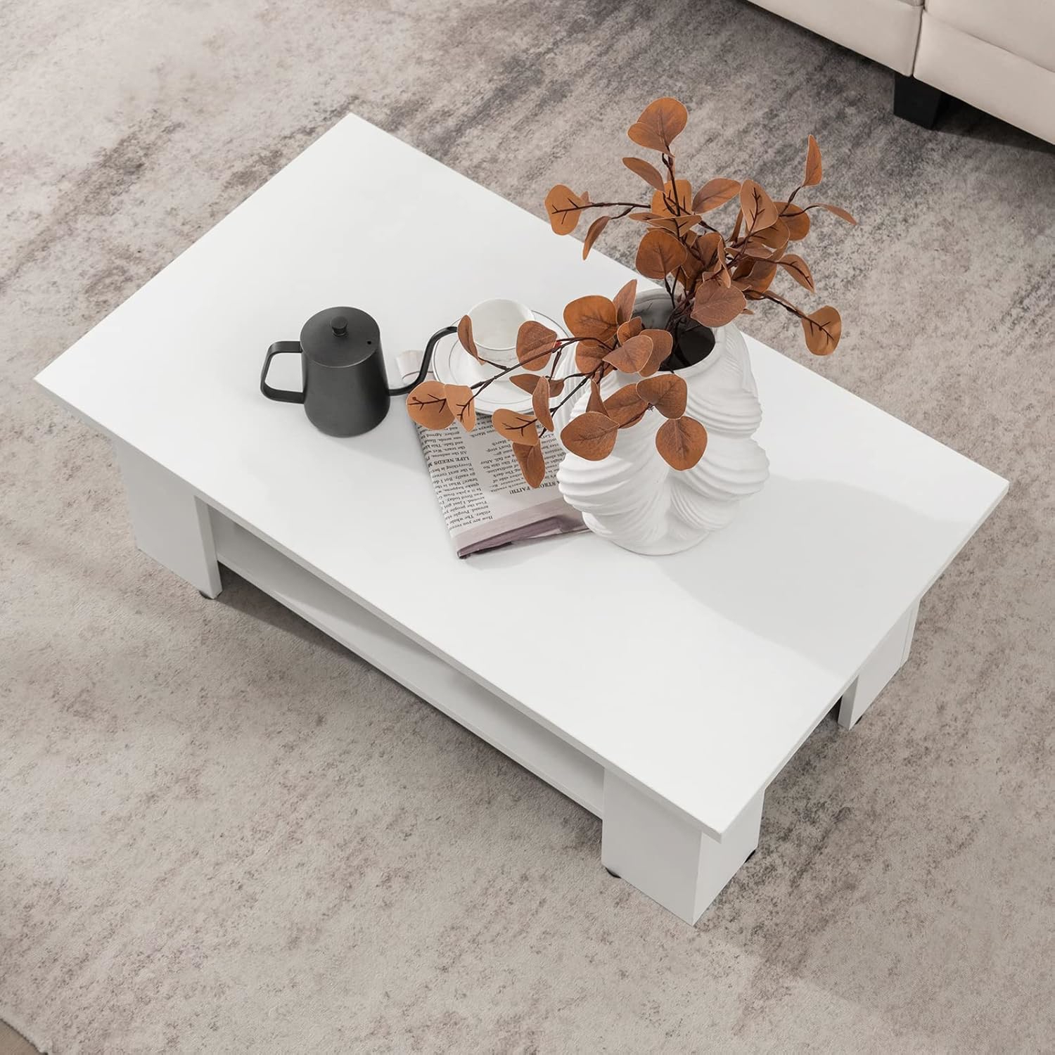 Image of Coffee Table, Modern 2-tier Center Table With Open Storage Shelf, Rectangular Cocktail Table With 5 Support Legs, Wooden Accent Living Room Furniture, White
